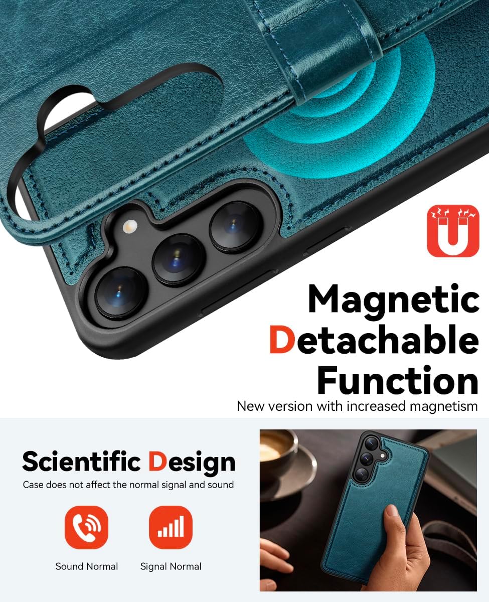 Detalle de OCASE 2in1 Hülle für Samsung Galaxy S25 – Magnete, Kartenfach und RFID-Schutz in Lederoptik (Peacock Blue)