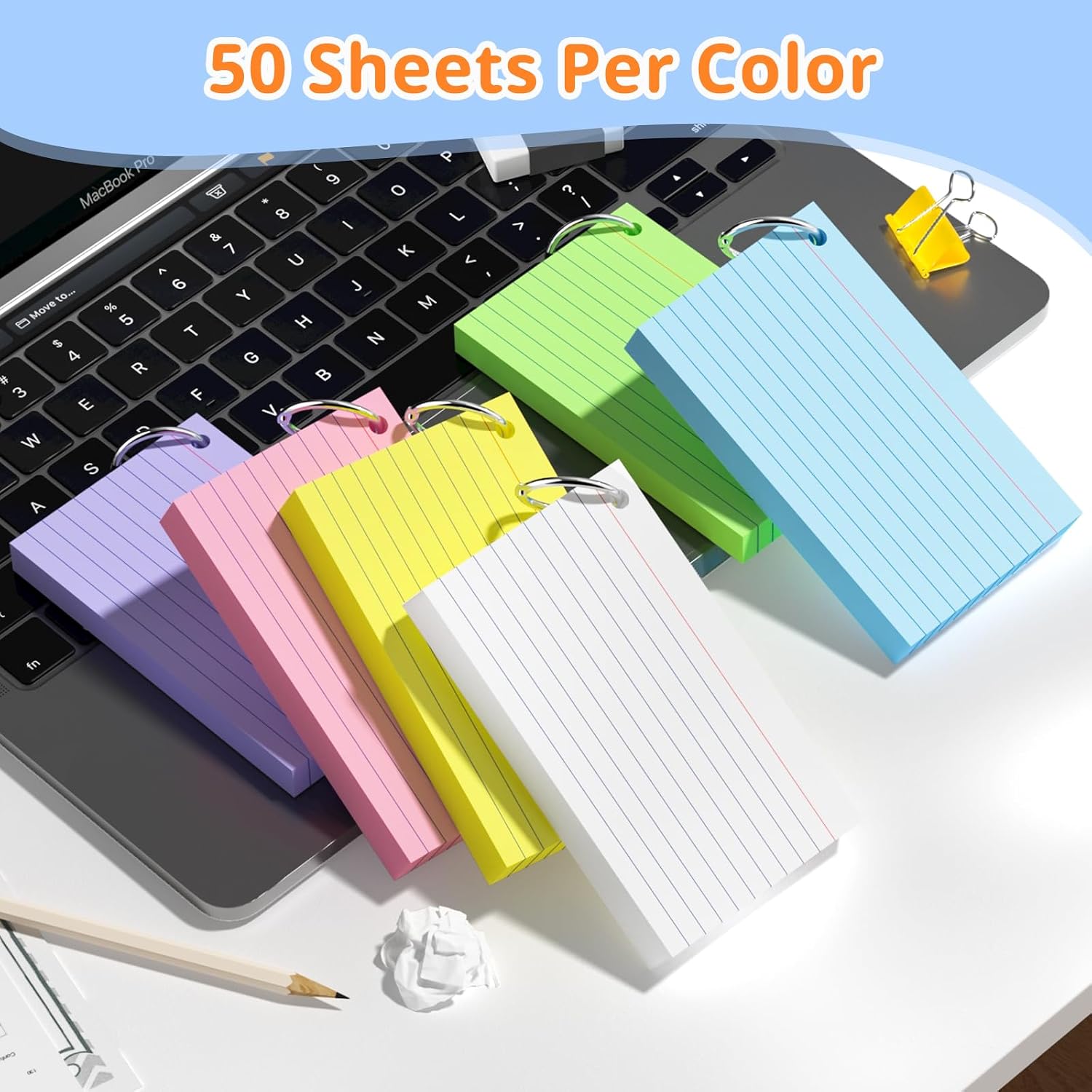 Detalle 2 de Glyanlee 3x5 Index Cards with Rings, 6 Colors, Ruled Front and Blank Back