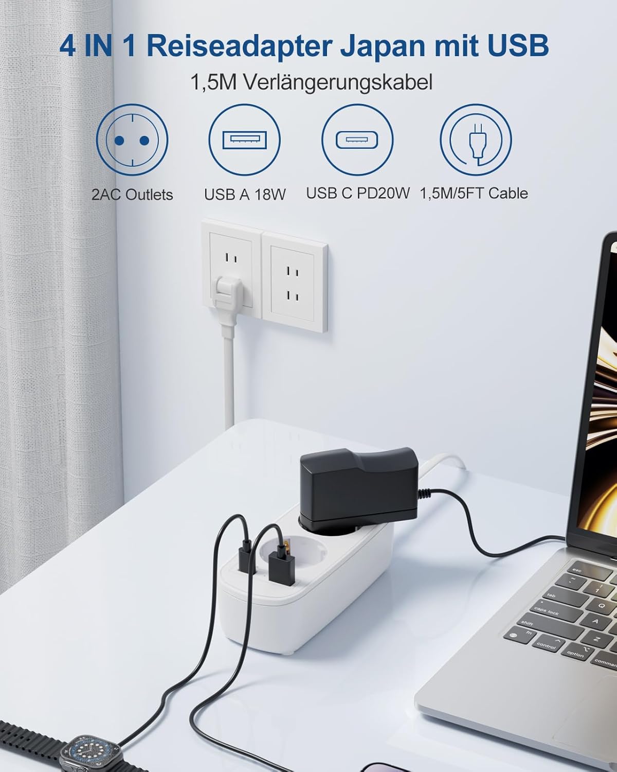 Thumbnail 1 de Japanischer Reiseadapter PD20W USB Schnellladekabel 1,5 m Typ A