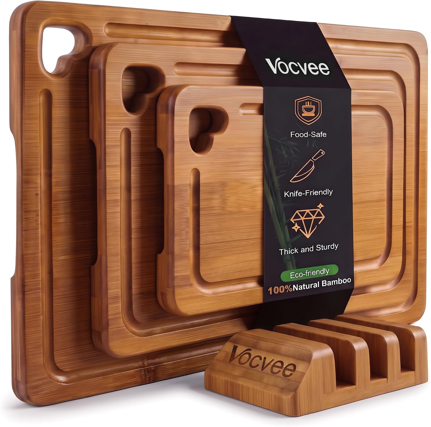 Vocvee Bamboo Cutting Boards for Kitchen (Set of 3) with Storage Stand, Juice Groove & Dual-Sided Prep/Serving