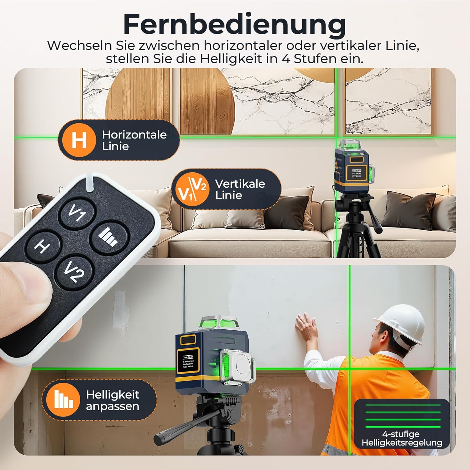 Thumbnail 3 de CIGMAN Kreuzlinienlaser CM-701 (3x360° Grün) mit Selbstnivellierung, Fernbedienung und USB-Laden