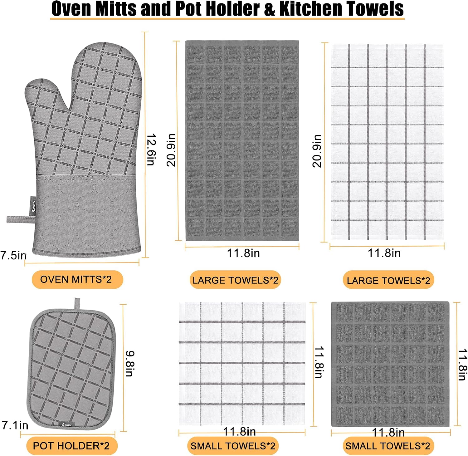 Detalle de Oven Mitts, Kitchen Towels & Dishcloths Pot Holders Sets — 12-Piece, 500°F Heat-Resistant, Non-Slip Surface (Gray)