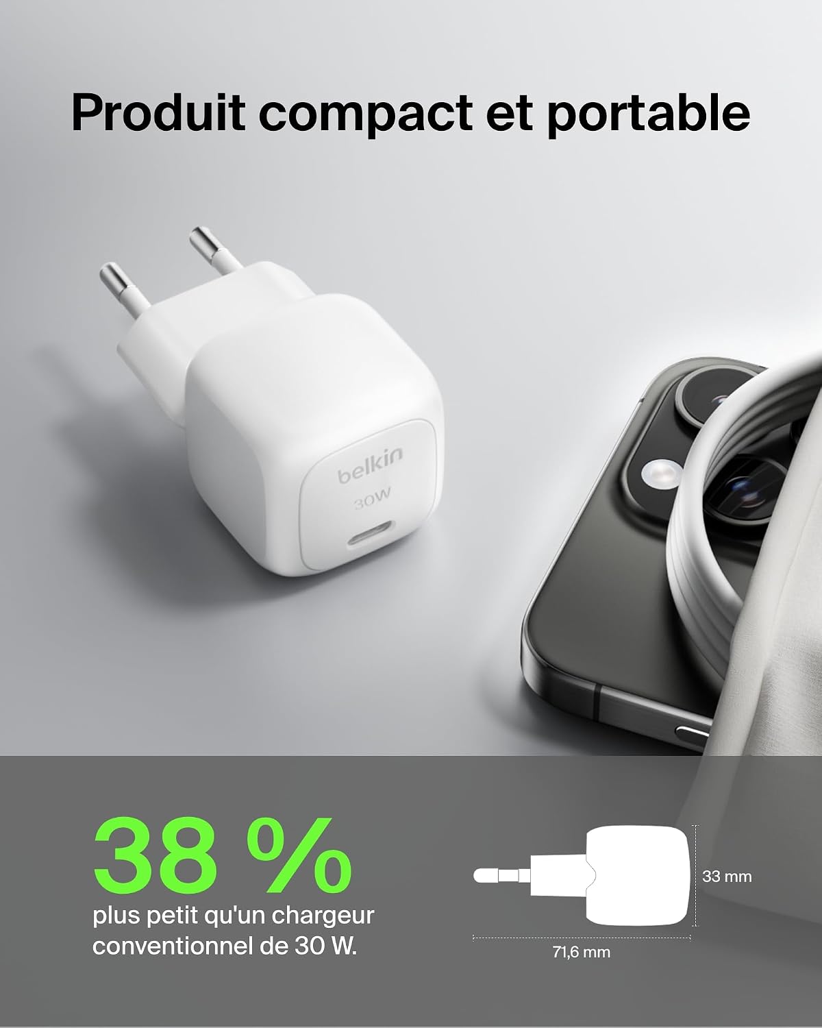 Detalle de Belkin Chargeur secteur compact BoostCharge 30 W USB‑C Power Delivery (câble USB‑C vers C inclus, blanc)