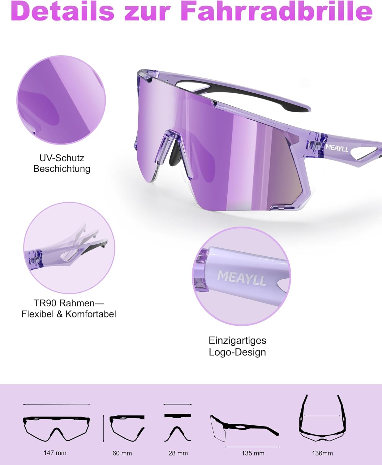 Detalle de Meayll Fahrradbrille Herren Damen – UV400 Schutzbrille mit TR-90 Rahmen und verstellbaren Nasenflügeln