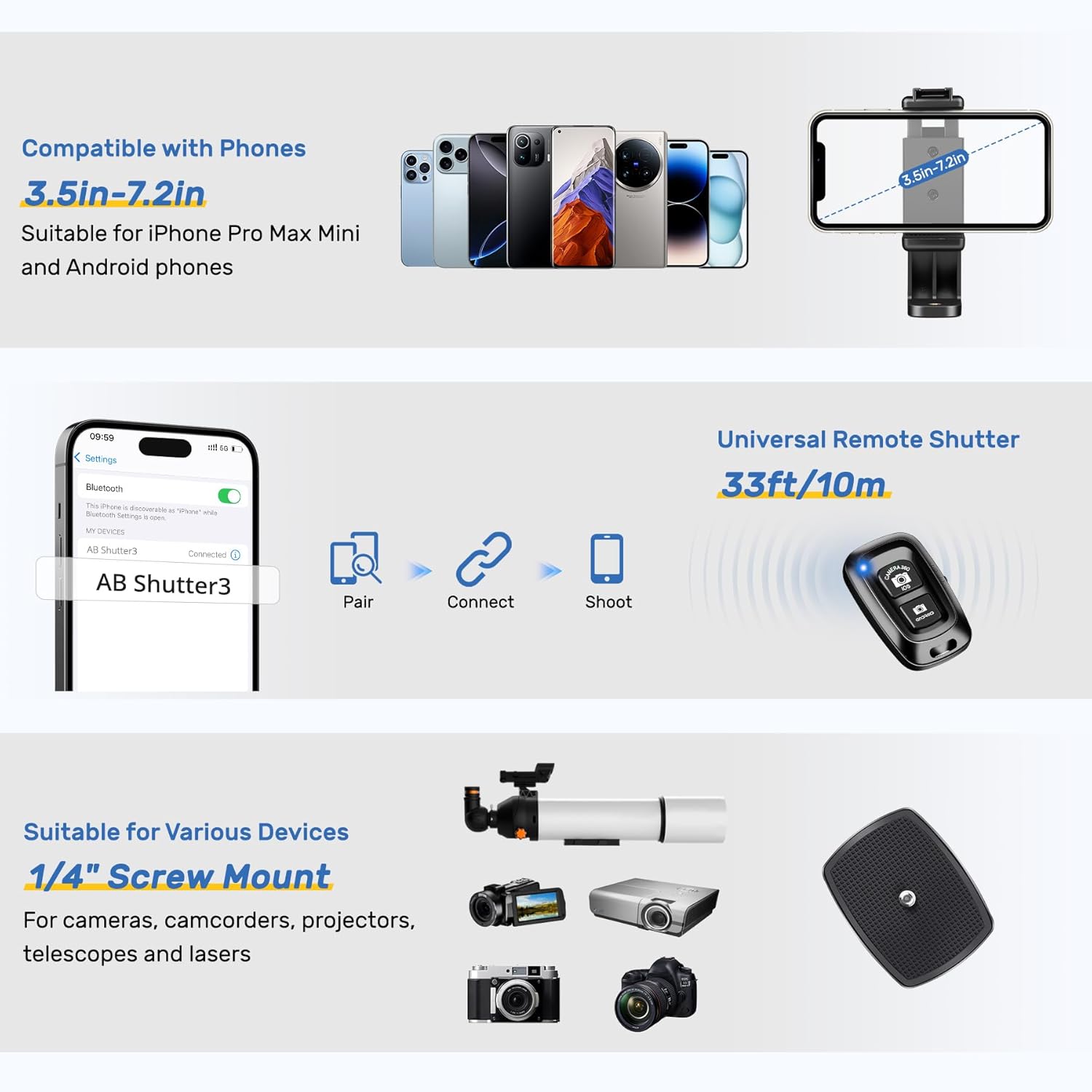 Thumbnail 5 de Victiv 188cm Camera Tripod with Detachable 3-way Swivel Head, Phone Holder & Remote Control (Blue)
