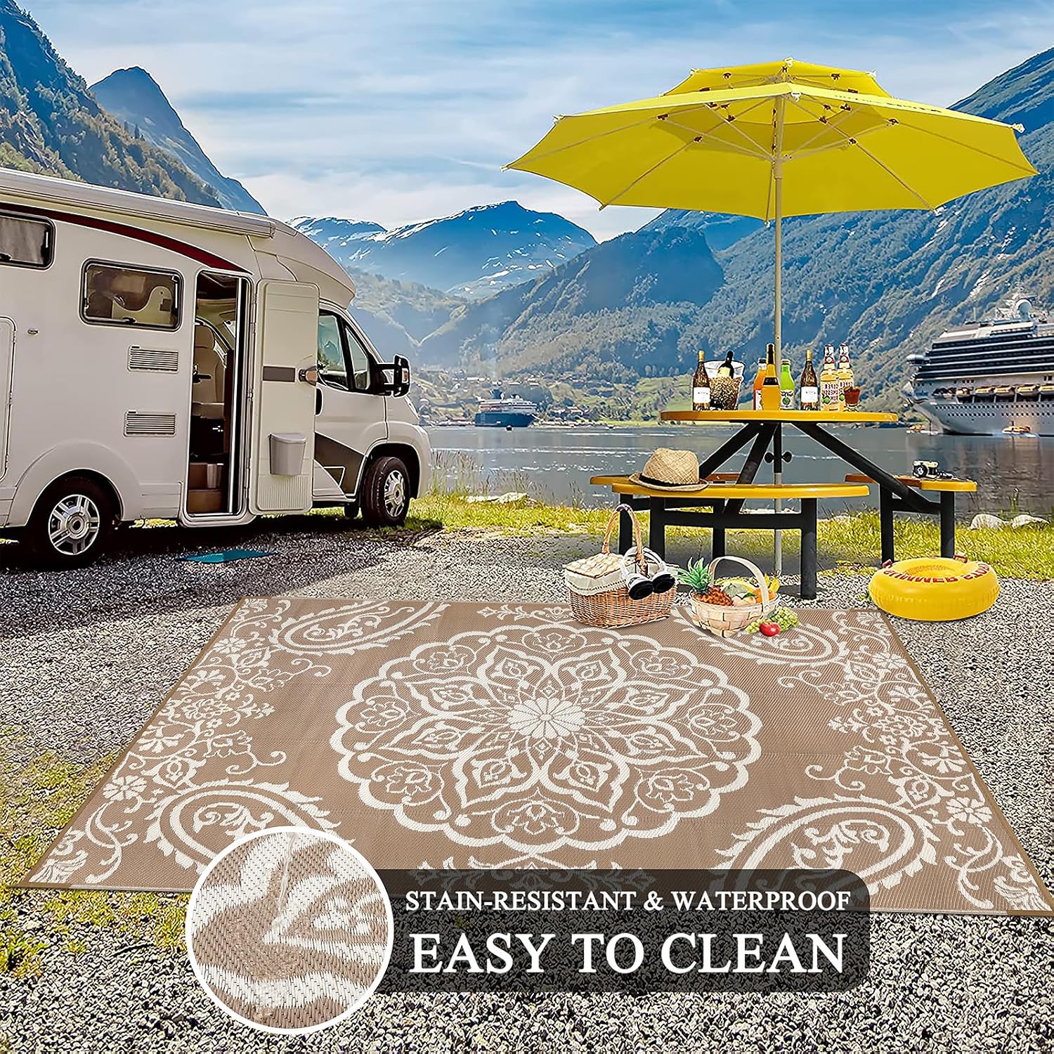 Detalle 1 de Pauwer 6' x 9' Outdoor Rug, Reversible Waterproof Boho Brown Patio Mat