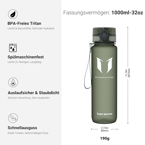 Detalle de Sparrow Trinkflasche 1L – BPA-frei, Tritan Copolyester, 1-Klick Deckel | Super Sparrow