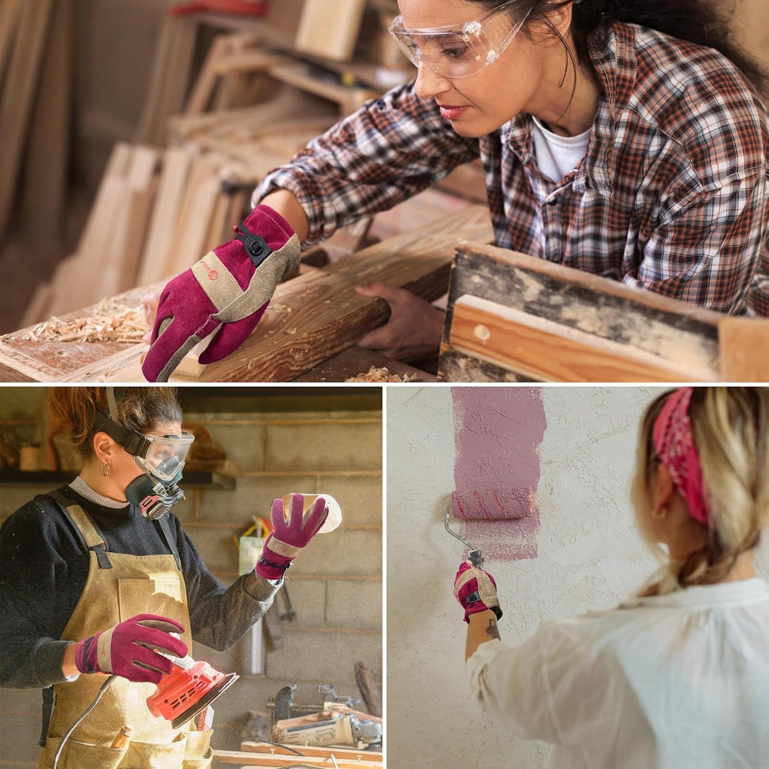 Thumbnail 6 de AOUCHI Women’s Cotton Lined Leather Work Gloves – Rose Trimming, Flexible Cowhide, Medium