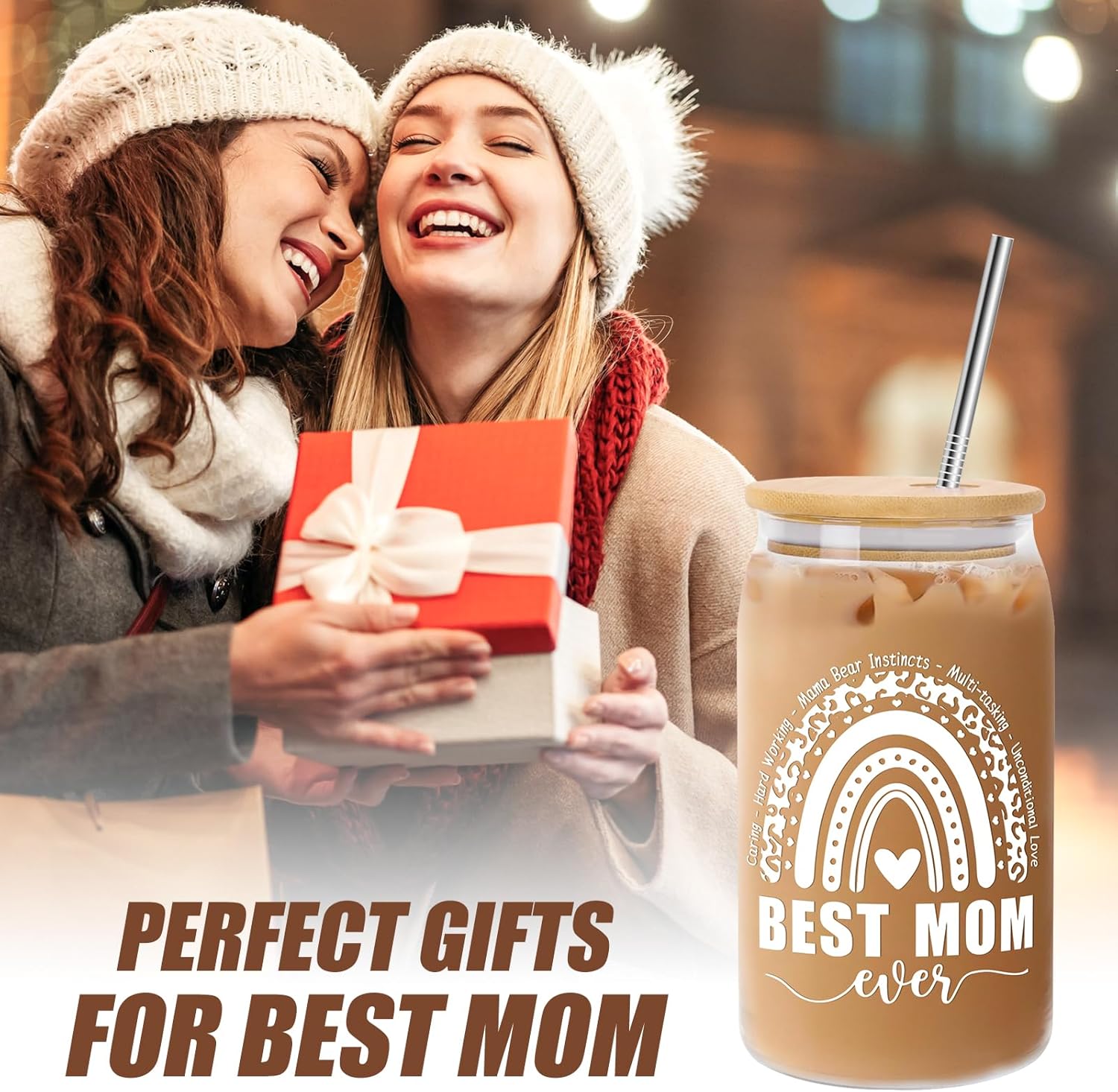 Detalle de Mothers Day Gift Can Glass Cups 16oz with Lids, Straws — Gift-Ready Set for Mom, Wife, or Mother-in-Law