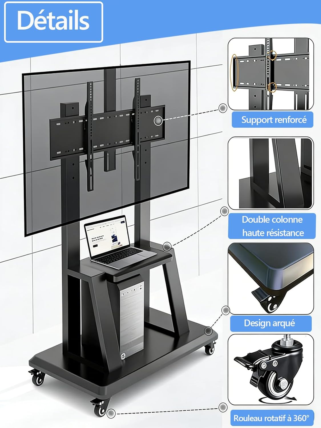 Detalle de Hellsehen Support TV mobile : chariot TV sur roulettes réglable et robuste pour écrans 32–75 pouces