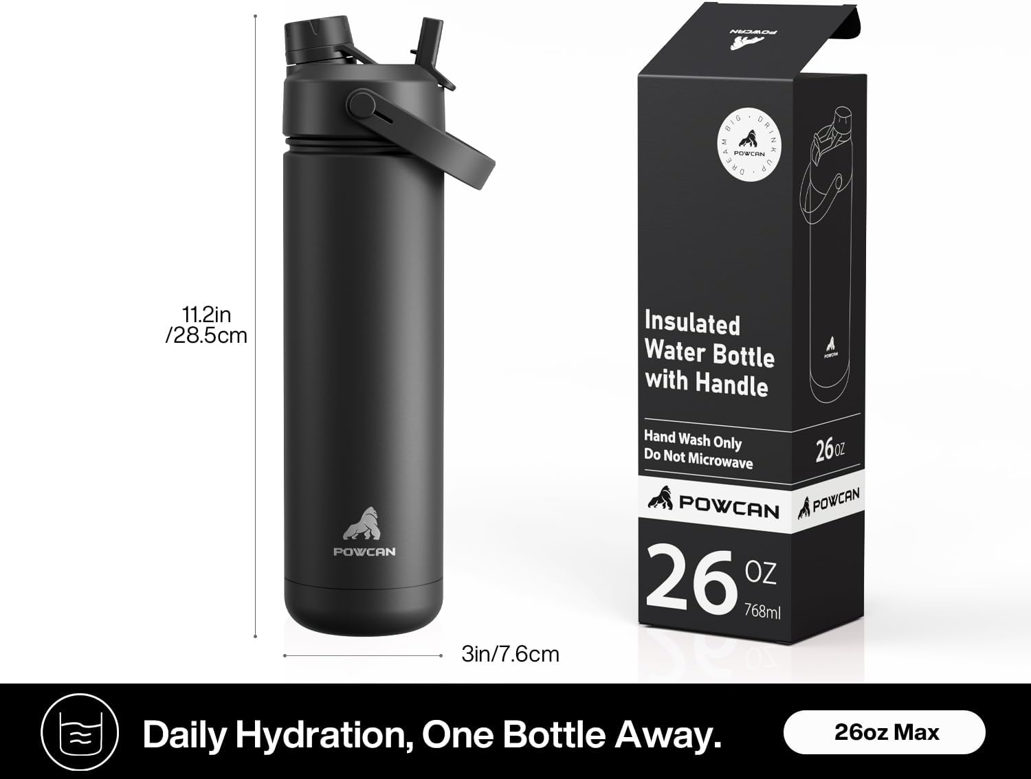 Detalle 2 de POWCAN 769ml Insulated Water Bottle with 2-in-1 Straw and Spout Lid (Dark Knight)