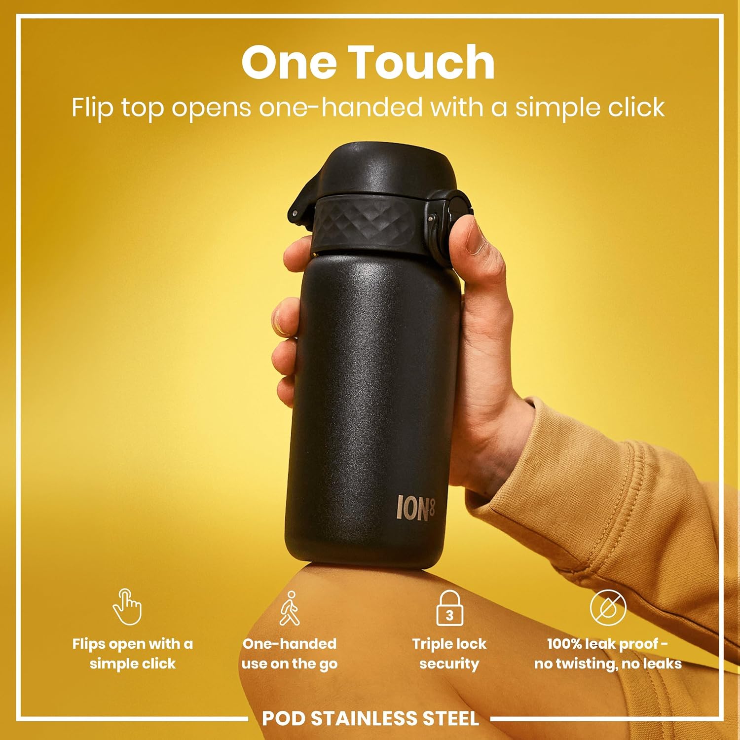 Detalle de ION8 Lightweight Steel Kids Water Bottle (400ml/13oz) – Leak Proof, Dishwasher Safe, Black
