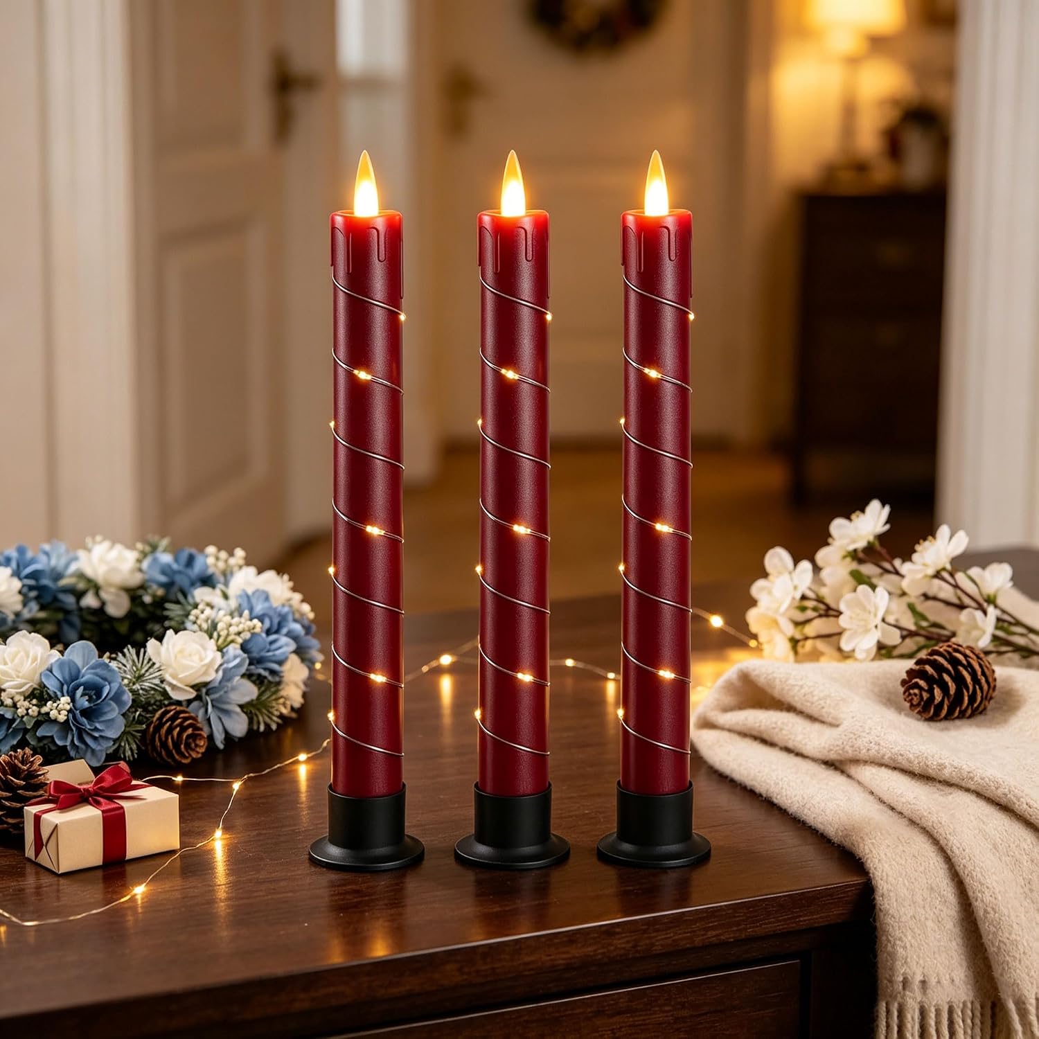 Detalle de Da by 3 Candele LED Rosse con Luci Fatate Avvolgenti e Telecomando – Set da 3