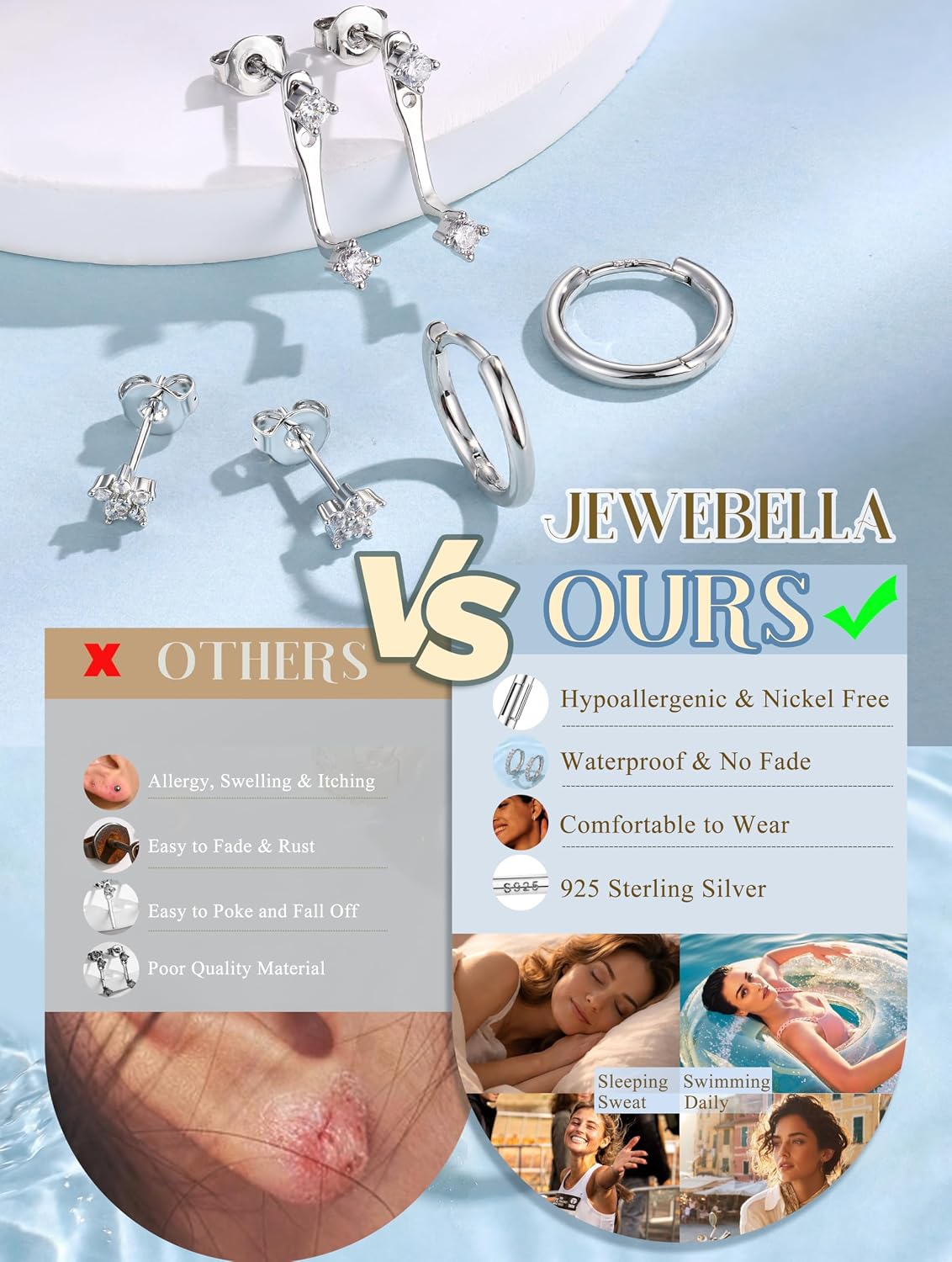 Thumbnail 4 de JeweBella 3 Paar Ohrringe Set aus 925 Silber (vergoldet, Zirkonia & Creolen) für Damen