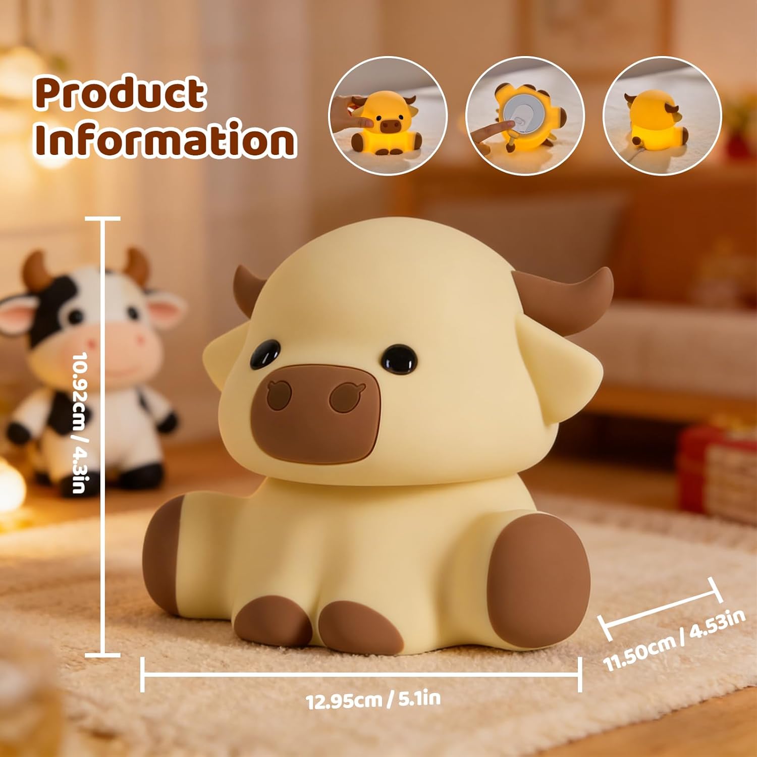 Detalle 2 de Gemmac Highland Cow Nachtlicht für Kinder – 7 Farben, Timer und Silikon