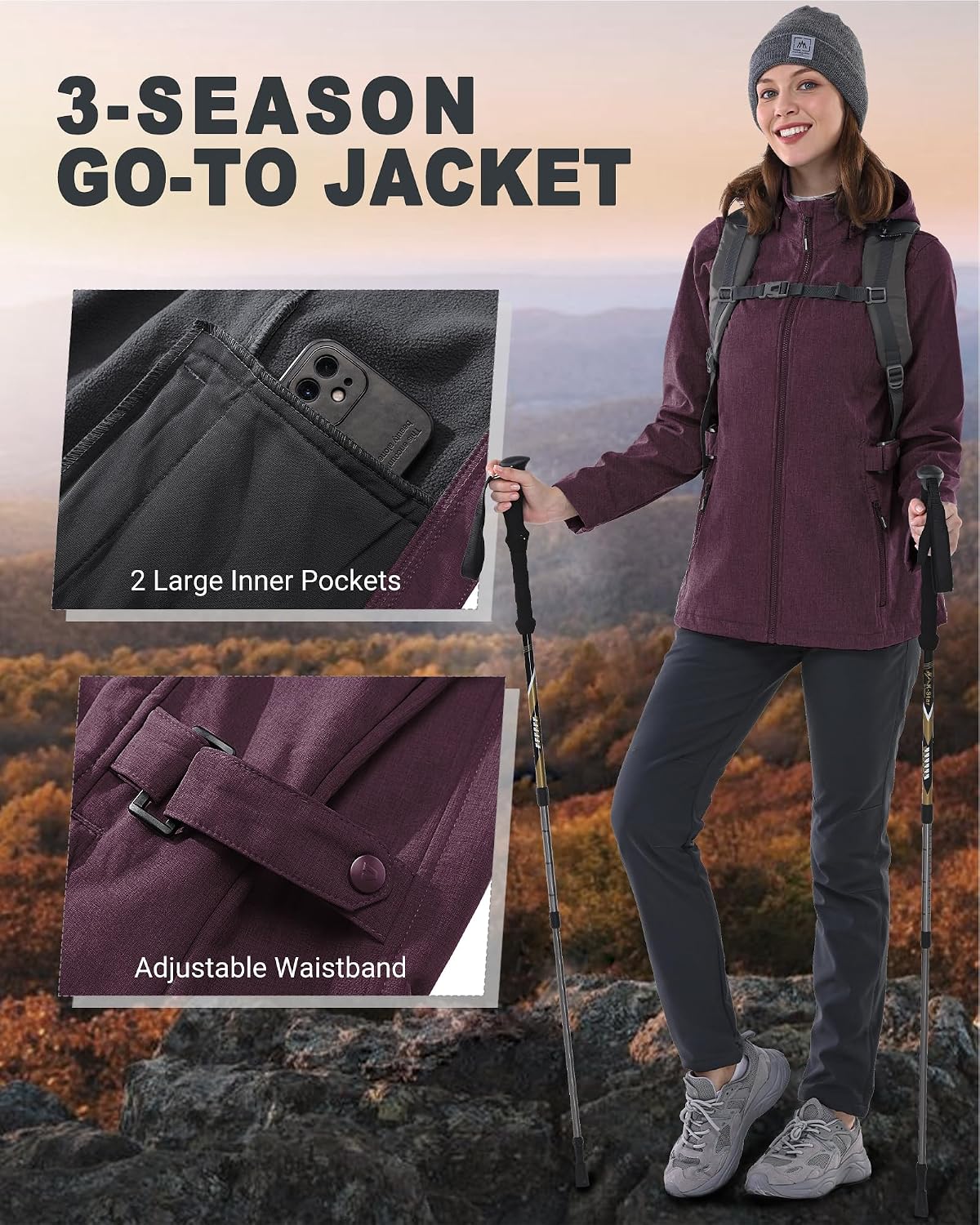 Detalle de Outdoor Ventures Damen Softshelljacke – kurze, gefütterte Regenjacke mit abnehmbarer Kapuze