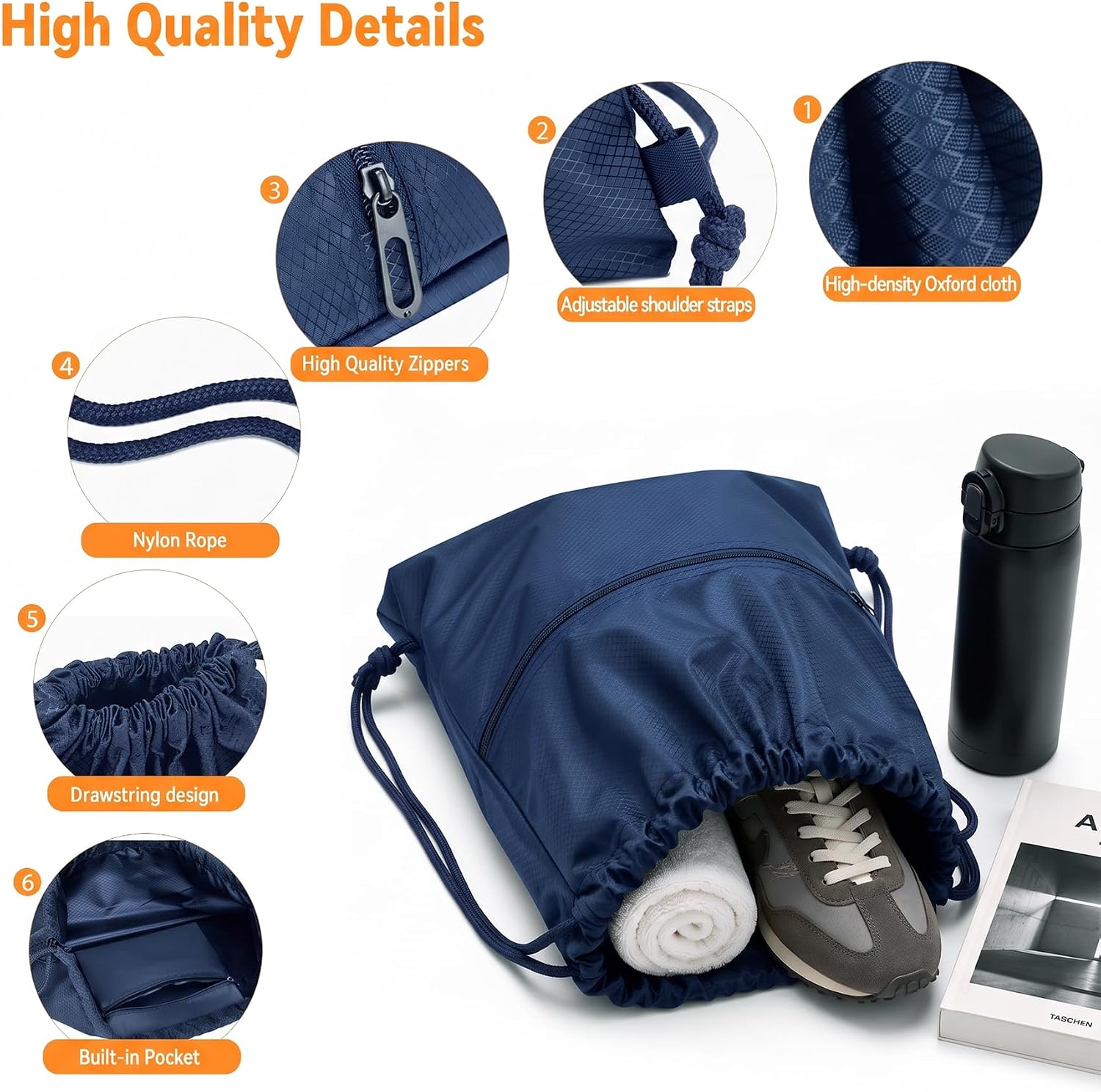 Thumbnail 2 de Arae Large Drawstring Backpack Bag with Front Pocket – Waterproof Oxford, Dark Blue