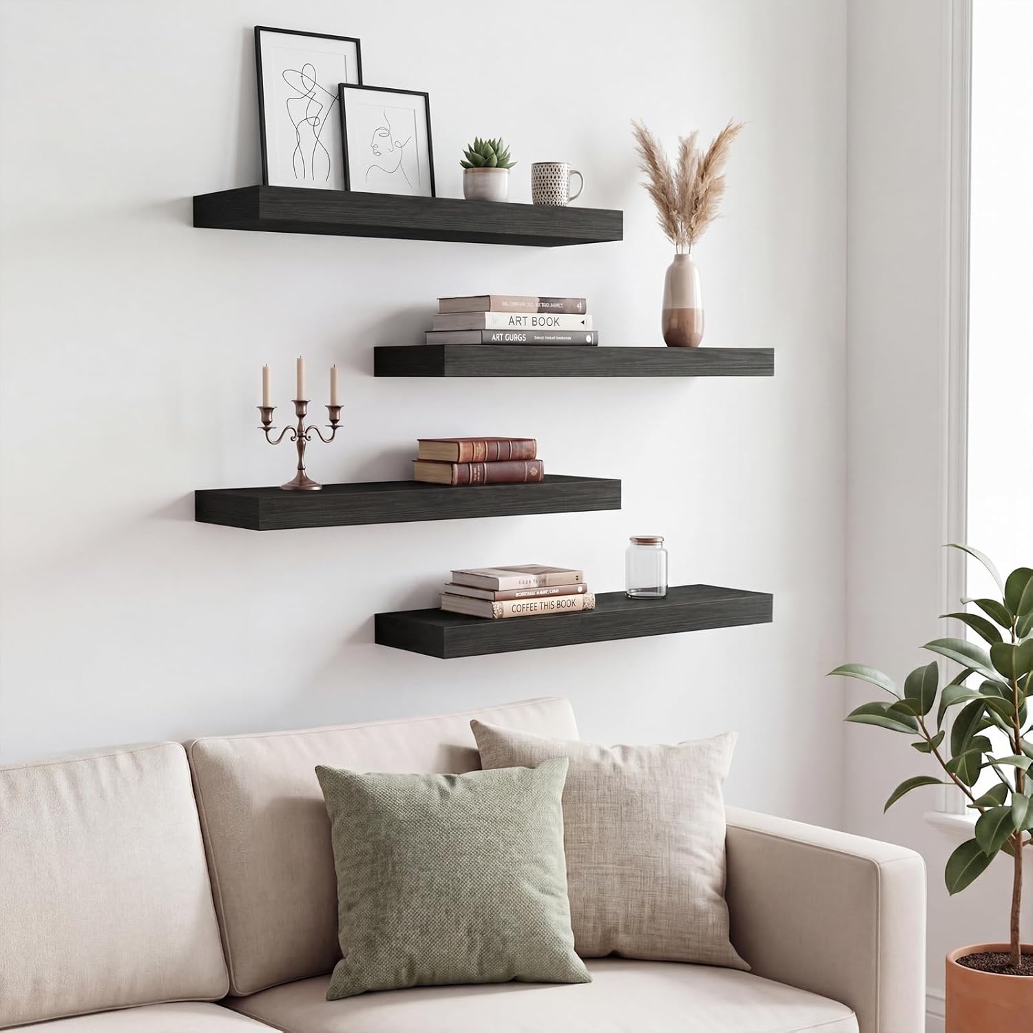 Thumbnail 1 de Fixwal Black Floating Shelves for Wall (Set of 4) — Rustic Wood Style Storage & Decor Shelves, 15.8 Inch