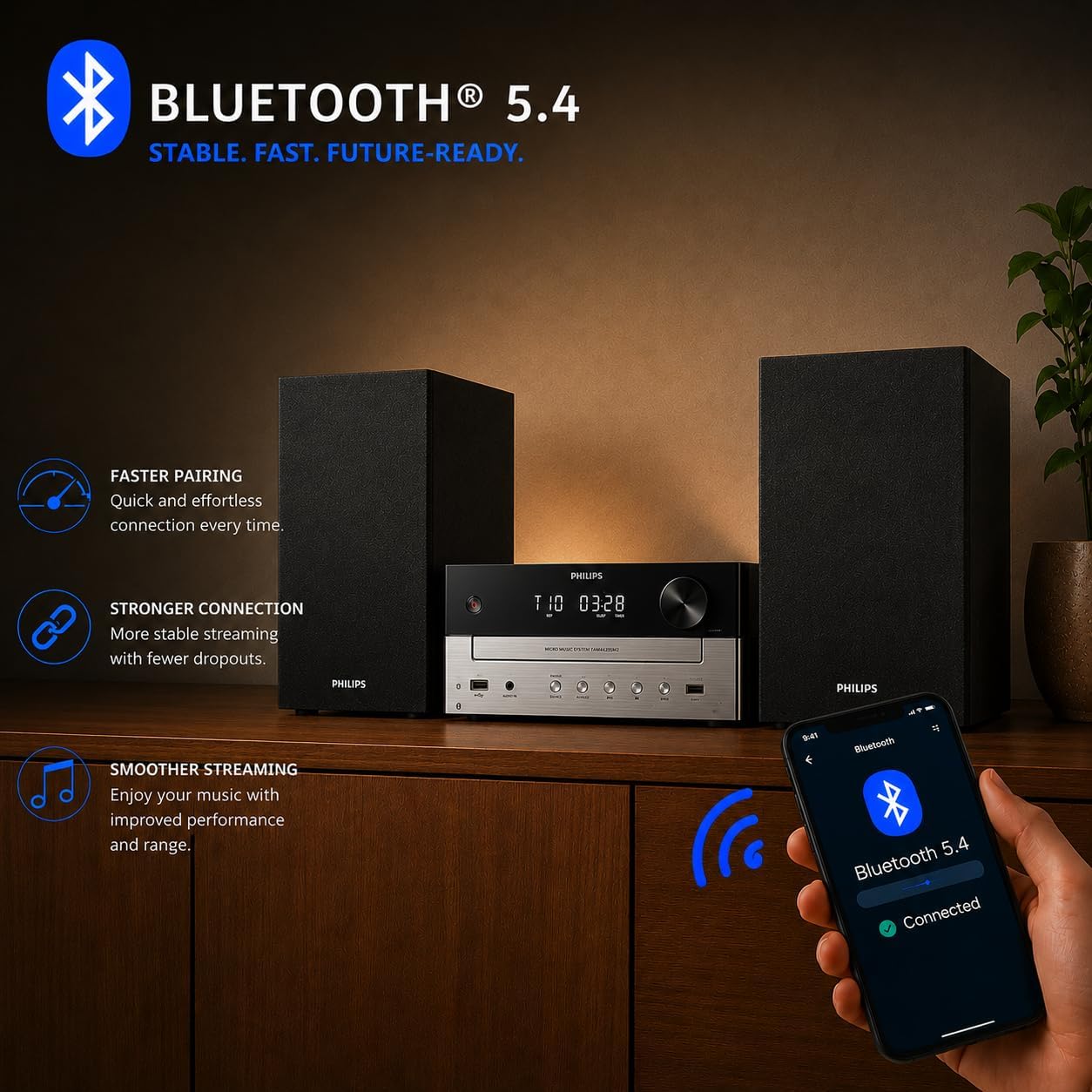 Detalle de PHILIPS Bluetooth Stereo System Home CD Player with USB, FM Radio, Bass Reflex Speakers (60W) + Remote