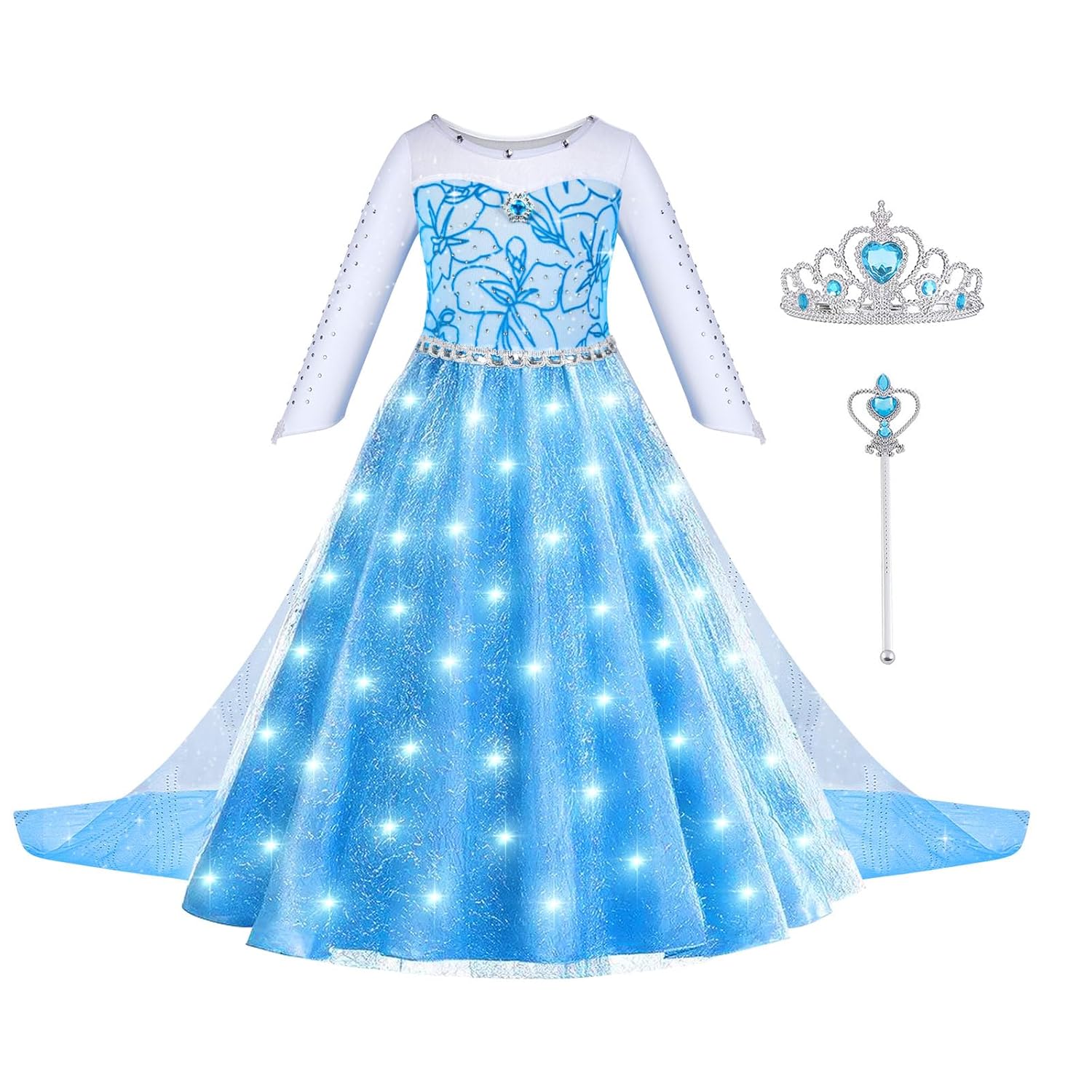 Detalle de ACWOO LED Leuchtend Prinzessin Kleid für Mädchen mit Krone und Zauberstab – Kostüm-Set