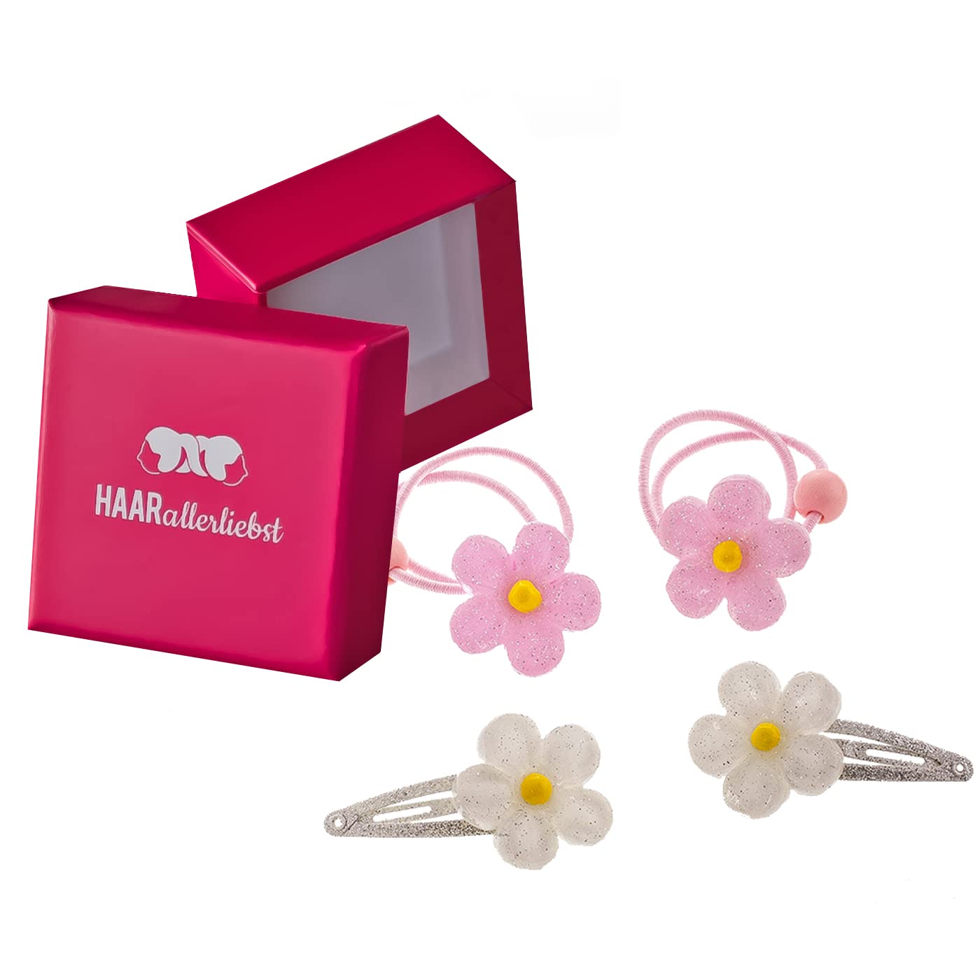 HAARallerliebst Haarschmuck Set – 4-teilig mit großen Blumen, Glitzer in Rosa/Weiß, inkl. Schachtel (pink)