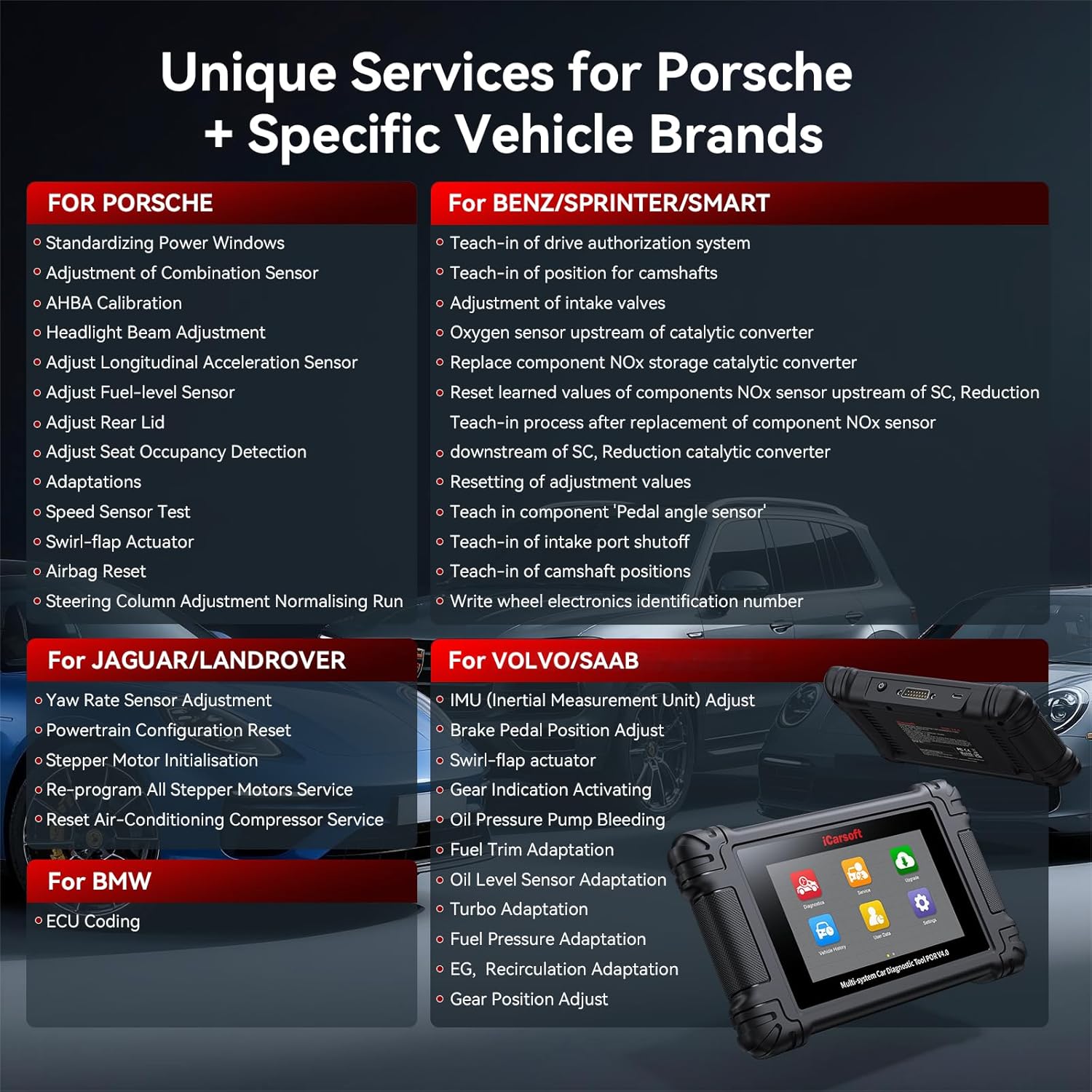 Thumbnail 3 de iCarsoft POR V4.0 Bidirectional Diagnostic Tool for Porsche + 2 Optional Brand Packs (Full System OBD2 Scanner)