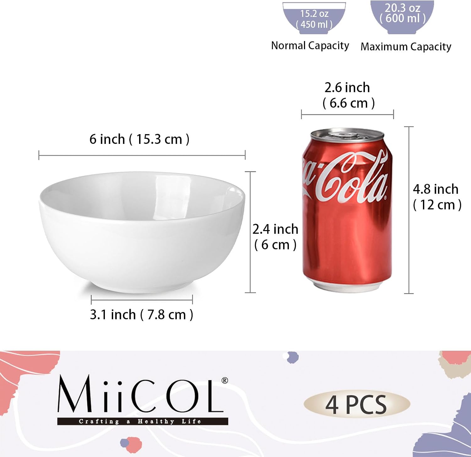 Detalle de Miicol Bowl55 Porcelain Bowls, Set of 4, 590 ml, White, Microwave Safe