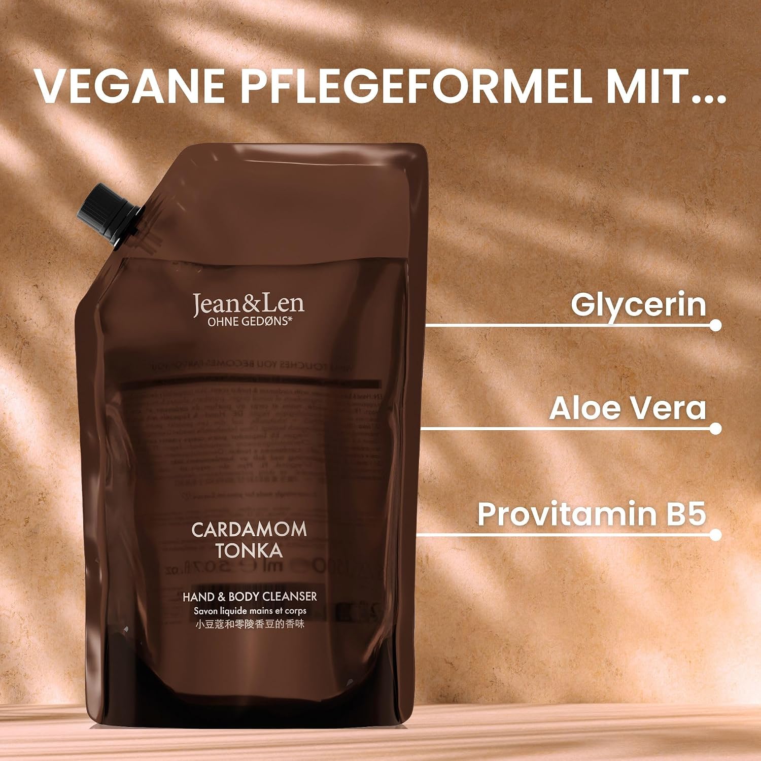Detalle de Jean & Len Hand & Body Cleanser Cardamom & Tonka im Nachfüllbeutel – Duftendes 1,5 L Erlebnis