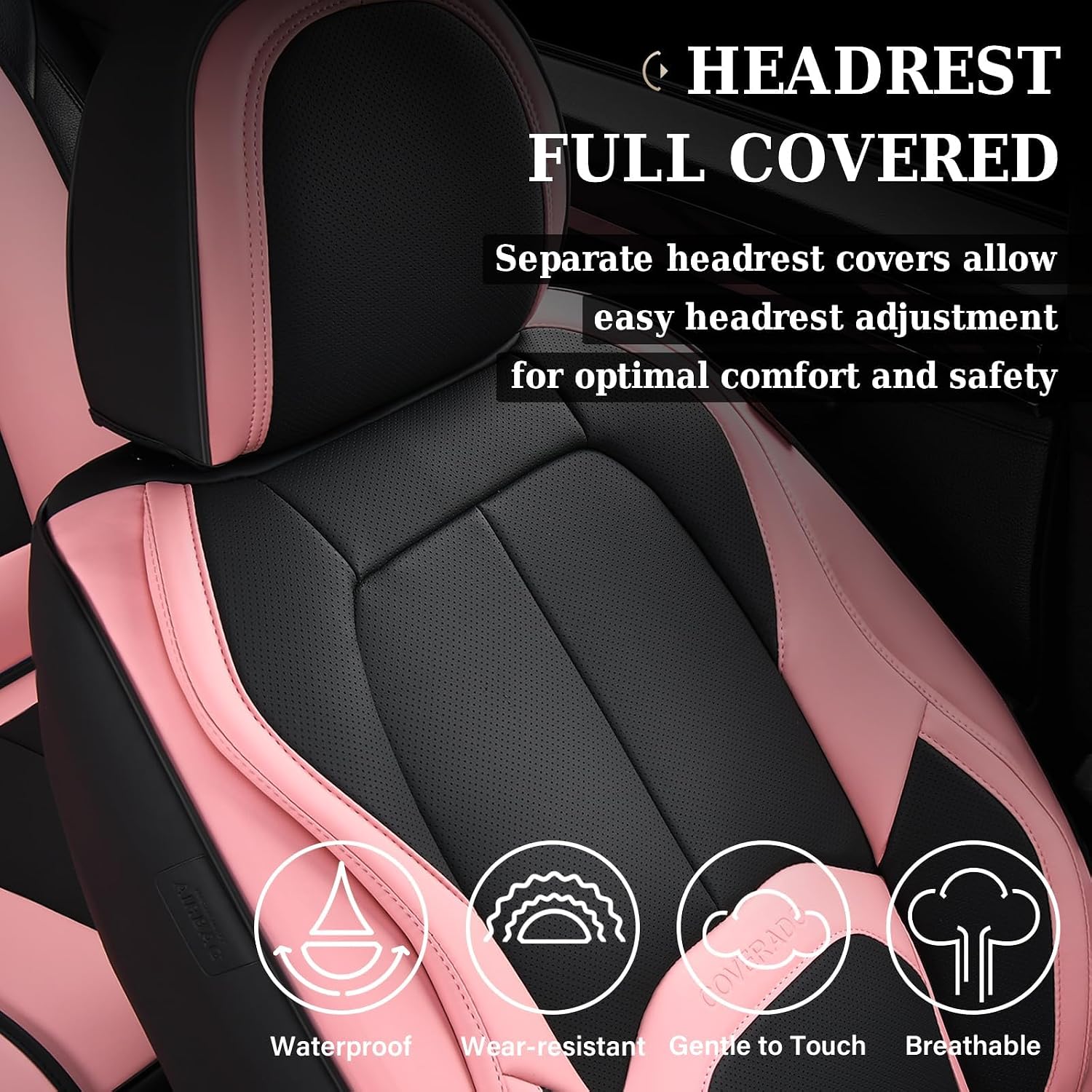 Detalle de Coverado Car Seat Covers Full Set — Waterproof Nappa Leather with Lumbar Support (Black & Pink)