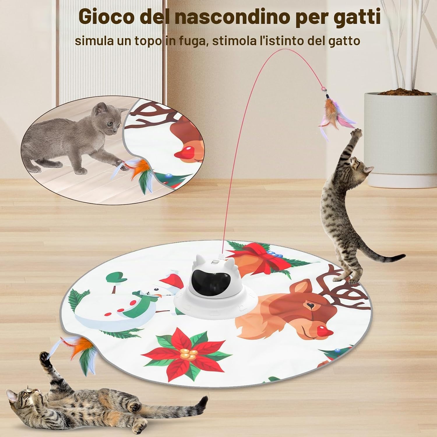 Thumbnail 3 de Spessn Giocattolo Interattivo per Gatti 3 in 1: gioco automatico con piume, punto rosso regolabile e tappetino di gioco