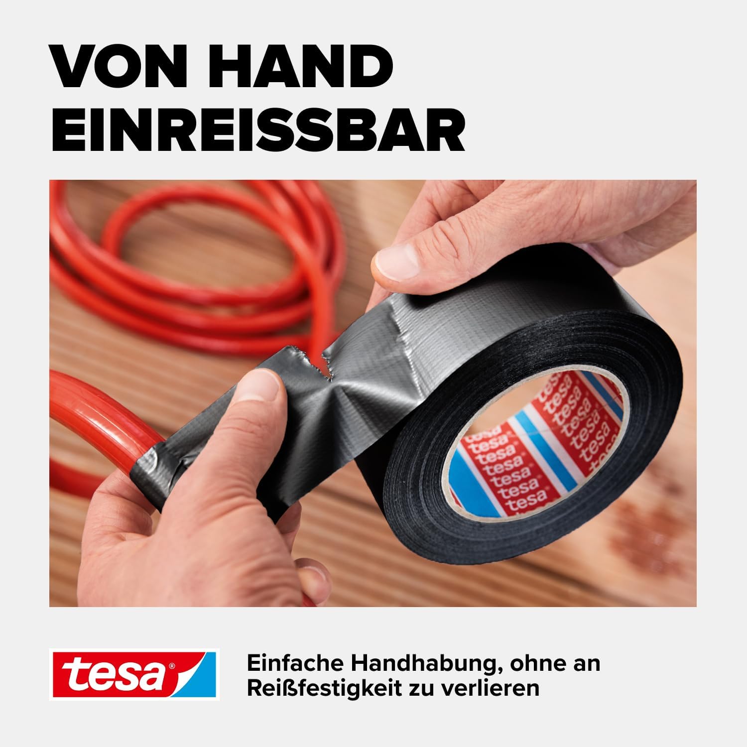 Detalle 2 de tesa extra Power Universal Gewebeband (schwarz) – gewebeverstärktes Ductape zum Reparieren, Befestigen & Abdichten, 25 m x 50 mm