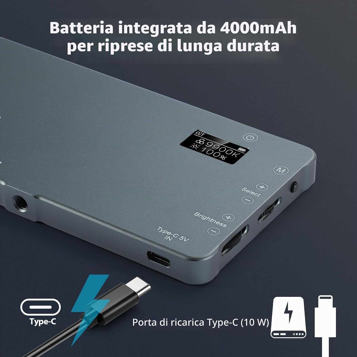 Detalle de ENEGON 4000mAh Luce Video LED 2500K-9900K Bicolore: illuminazione compatta e ricaricabile per foto e video