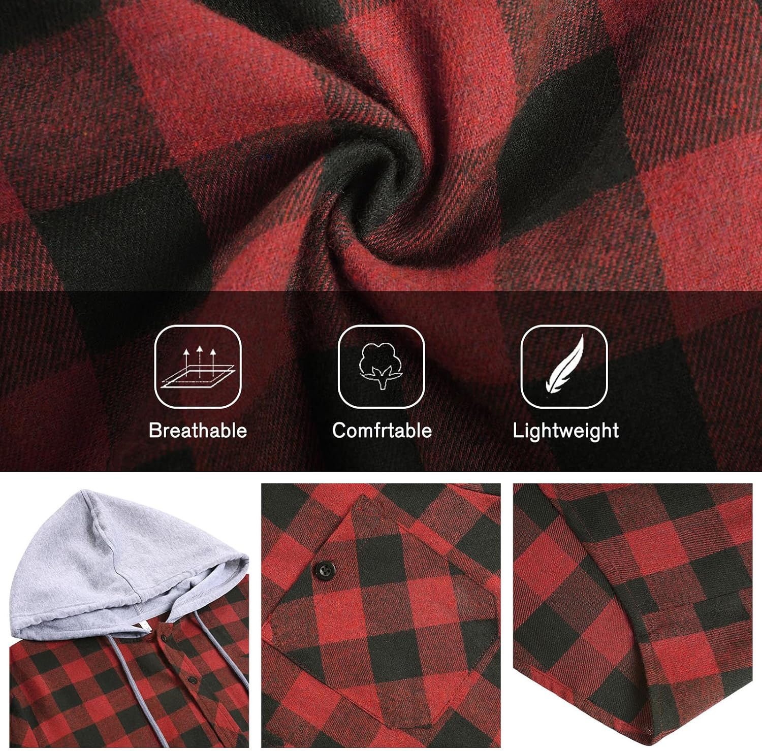 Detalle de CTU Mens Lightweight Checked Shirt Jacket with Hood and Pocket