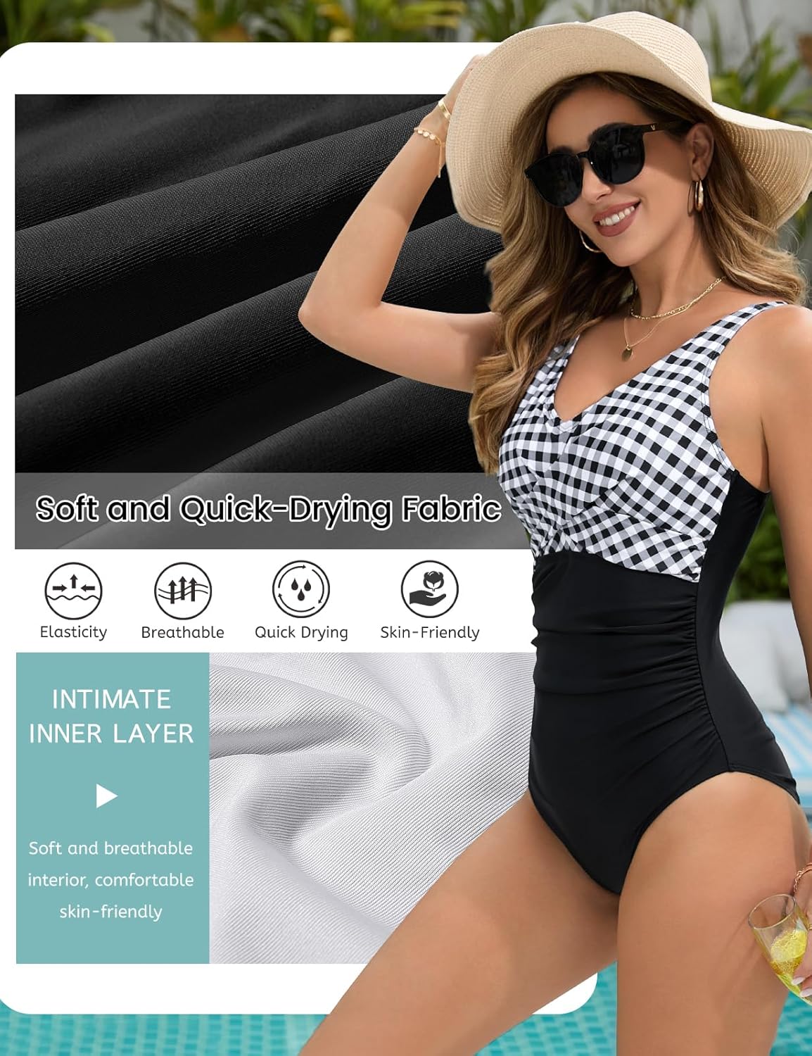 Detalle 2 de Vijamiy Badeanzug Damen Bauchweg Schlankheits Push Up | One Piece V-Ausschnitt, Colour-Blocking