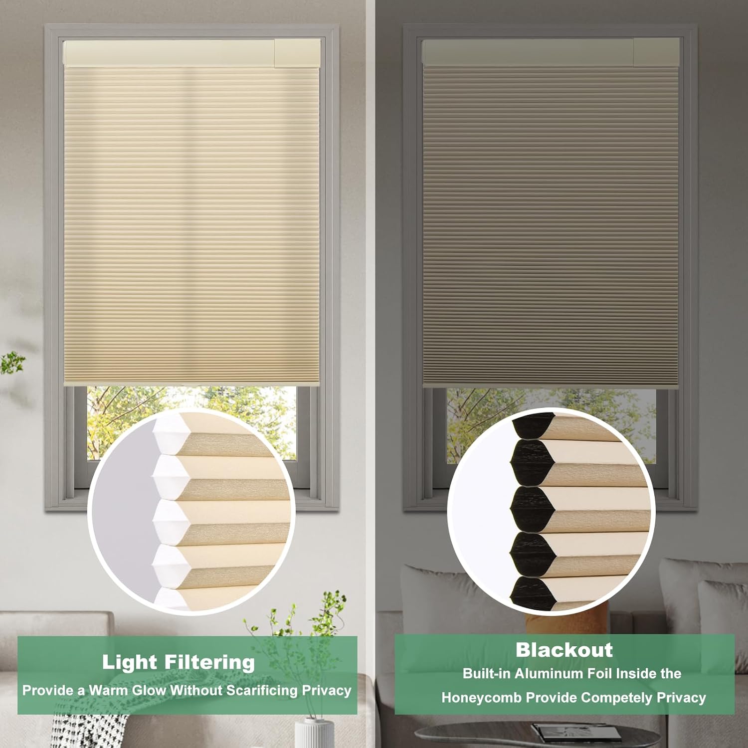 Detalle de Tonature No Drill Cellular Shades: 21" W x 64" H, Beige, Free Stop Cordless Blackout Honeycomb Blinds
