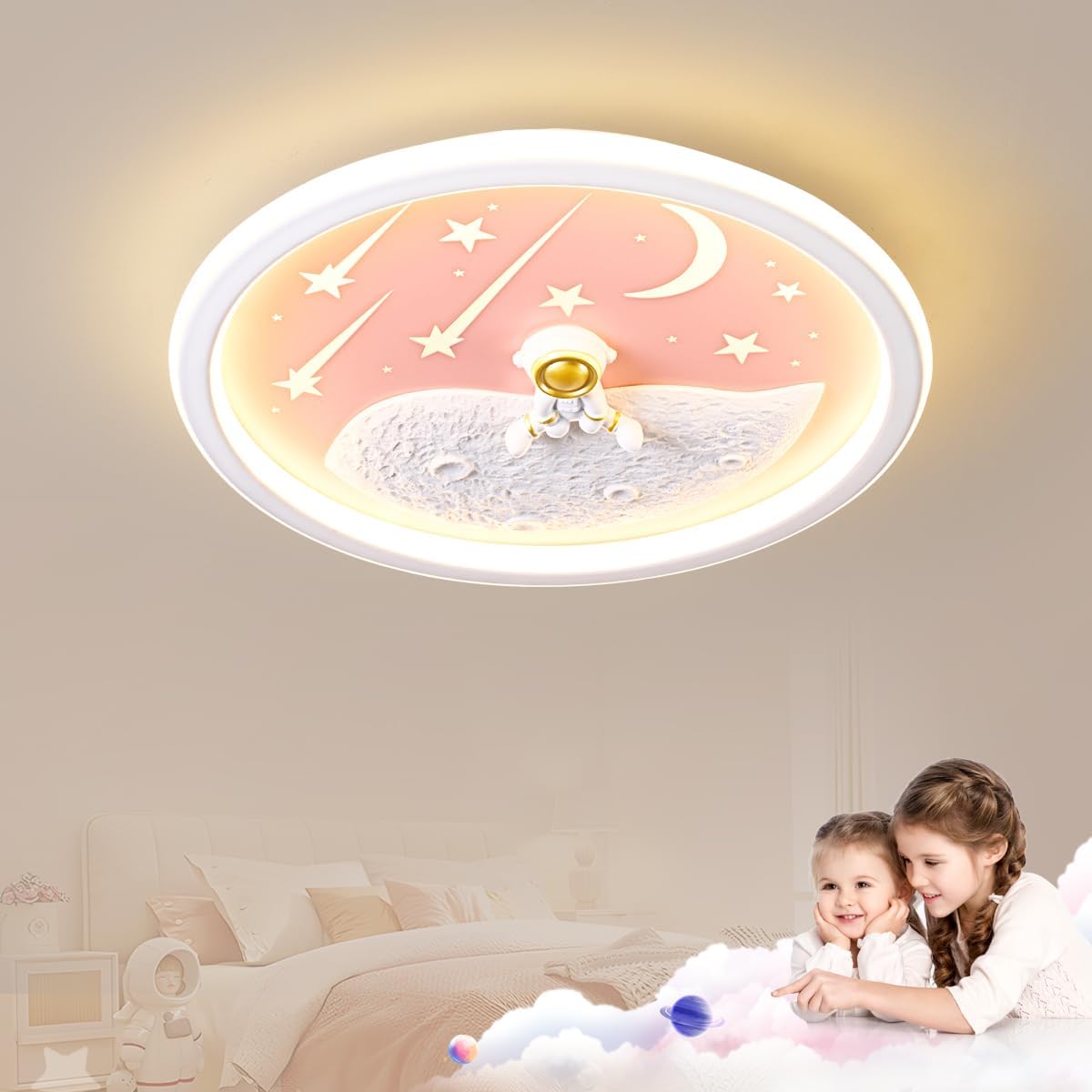 Detalle de LED Kinder Deckenlampe Astronaut Mond – dimmbar, Fernbedienung, 50 cm Rosa