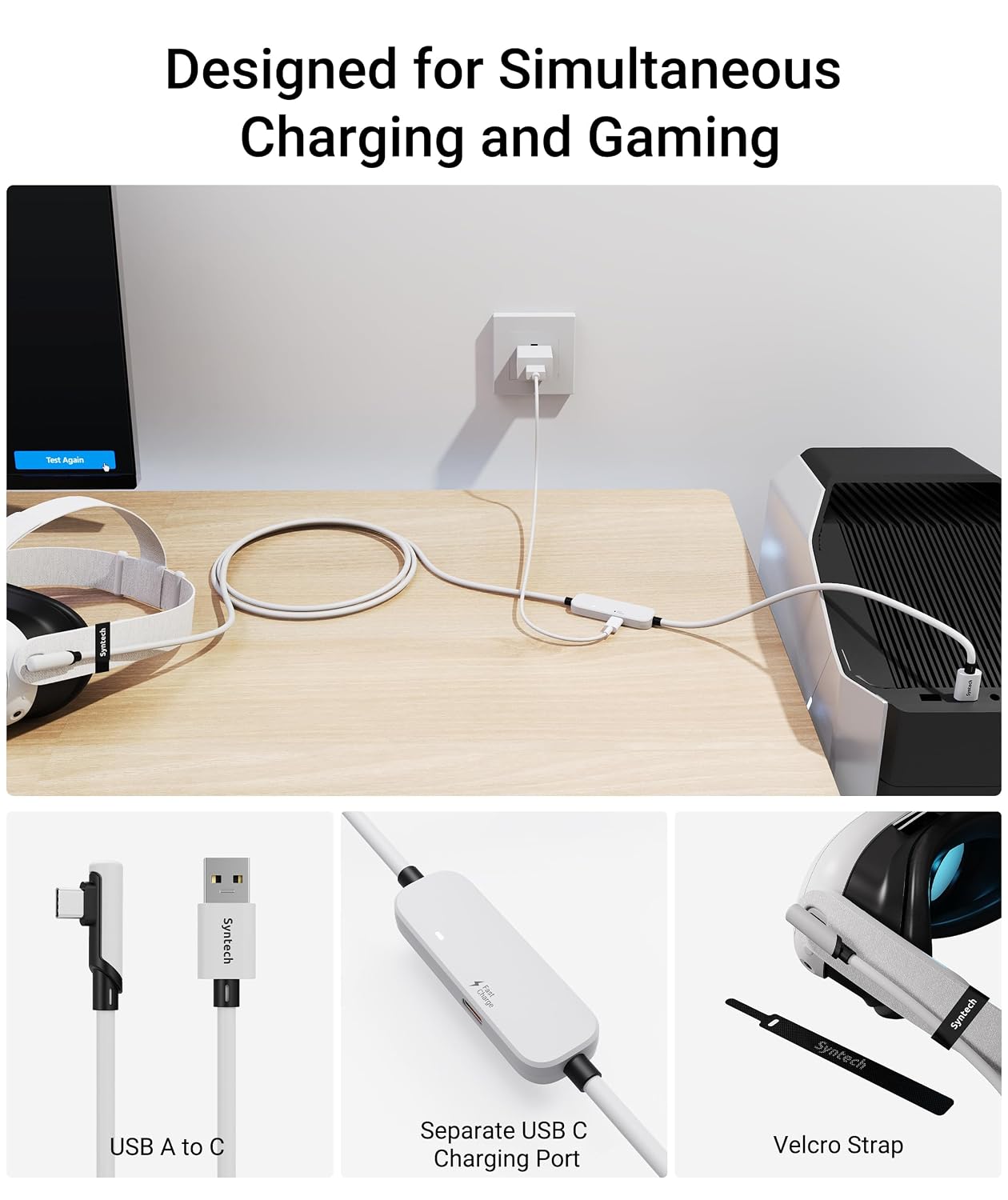 Detalle de Syntech Link-Kabel mit Ladefunktion (6 m) für Meta Quest 3/3S/2 – USB 3.0 A auf C, für PC/SteamVR