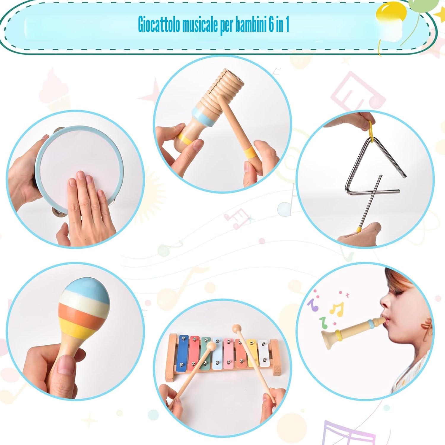 Detalle de Set strumenti musicali in legno Montessori 6 in 1 per bambini (1 anno) con maracas, xilofono e tamburi
