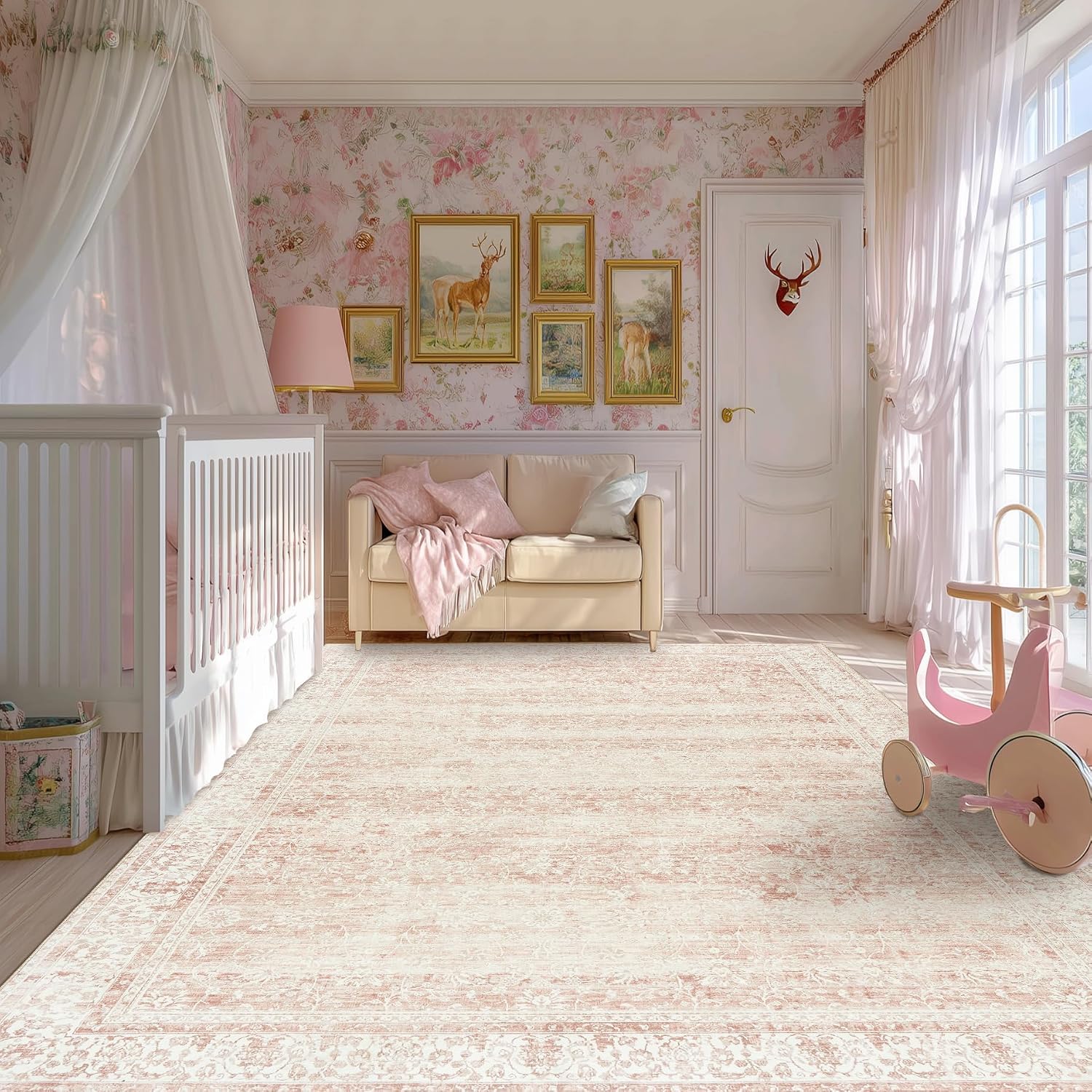 Thumbnail 4 de BILEEHOME Pink Boho Floral Area Rug 8x10 – Low Pile, Non-Slip & Washable for High-Traffic Spaces