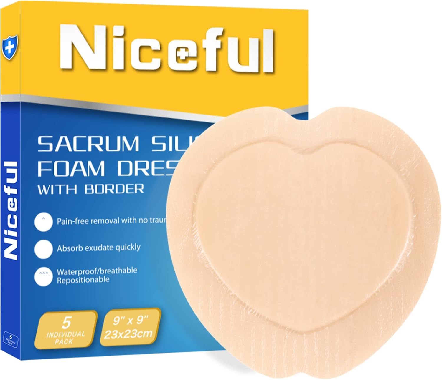 Detalle de Niceful Sacral Silicone Foam Dressing 9x9 in (5 Pack) for Sacrum Wounds