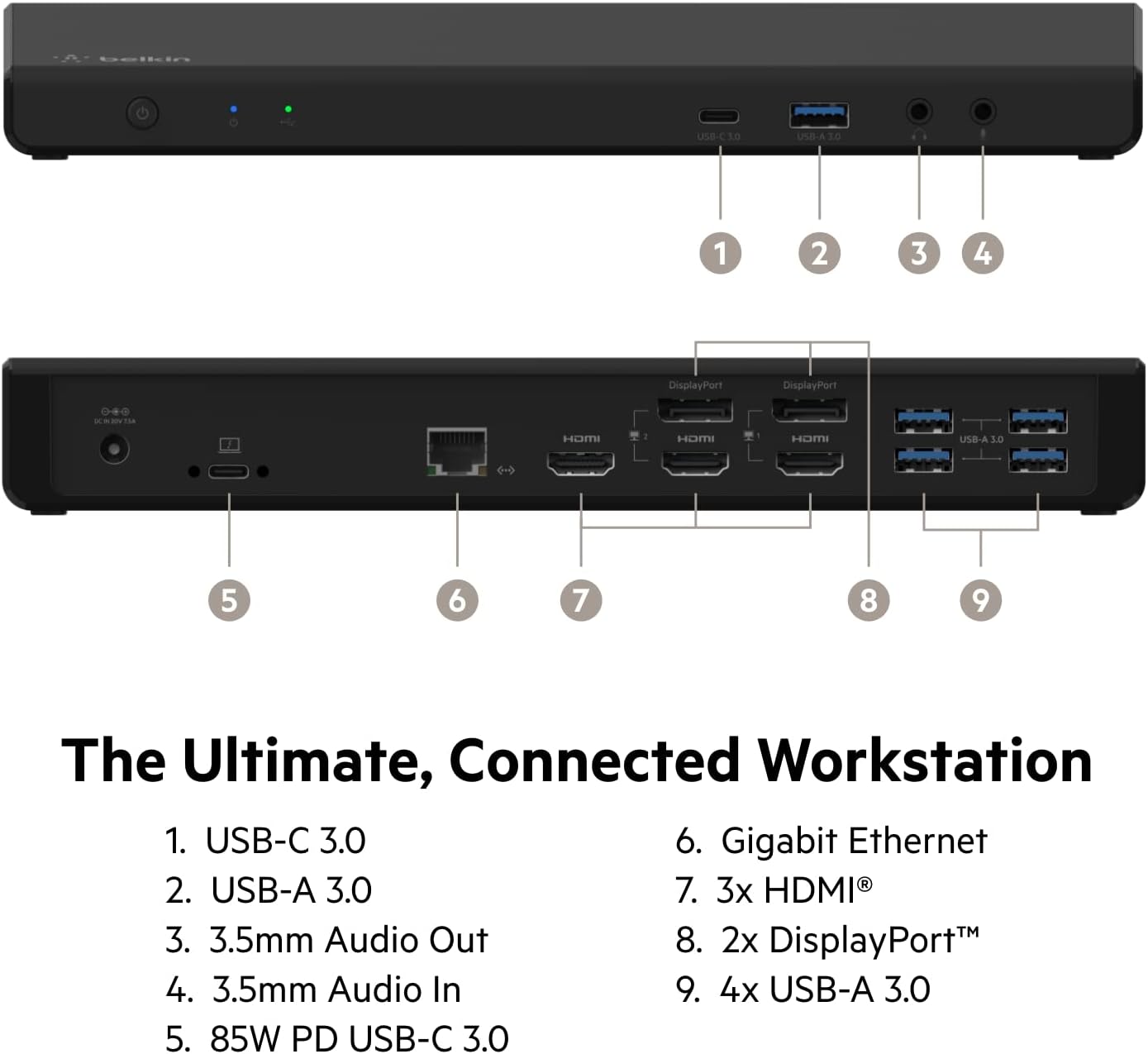Thumbnail 1 de Belkin Triple Display DisplayLink Docking Station Hub with 3x HDMI, 2x DisplayPort, Gigabit Ethernet and 85W Power Delivery