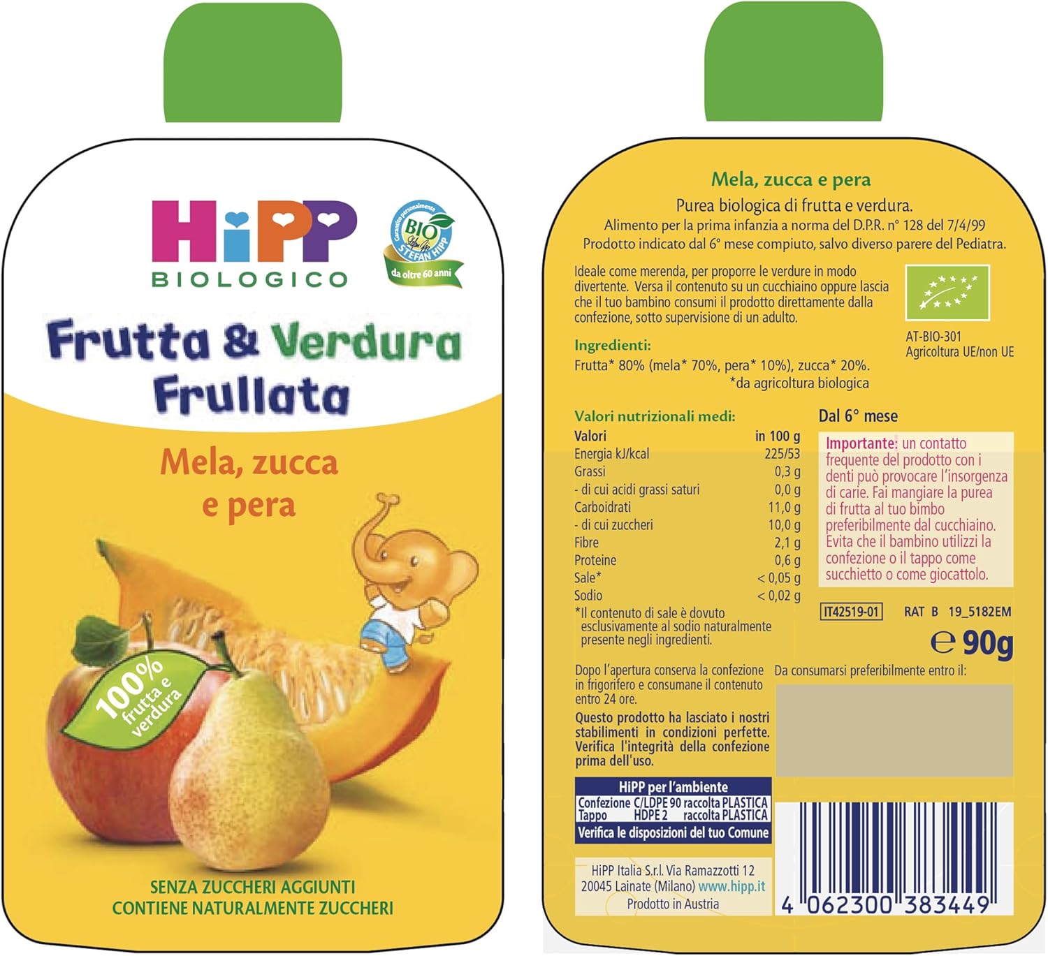 Detalle de HiPP Frutta E Verdura Frullata Gusto Mela, Pera e Zucca — 8 Confezioni da 90 g (720 g) Bio
