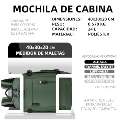 Detalle de RAYKONG Mochila Cabina Ryanair 40x30x20cm (24L) Verde: resistente, impermeable y práctica