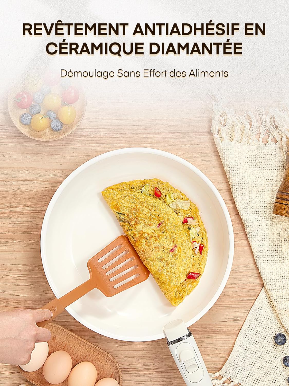 Thumbnail 3 de FOHERE lot de 3 poêles 20/24/28 cm avec poignée amovible (induction, céramique, passe au four)