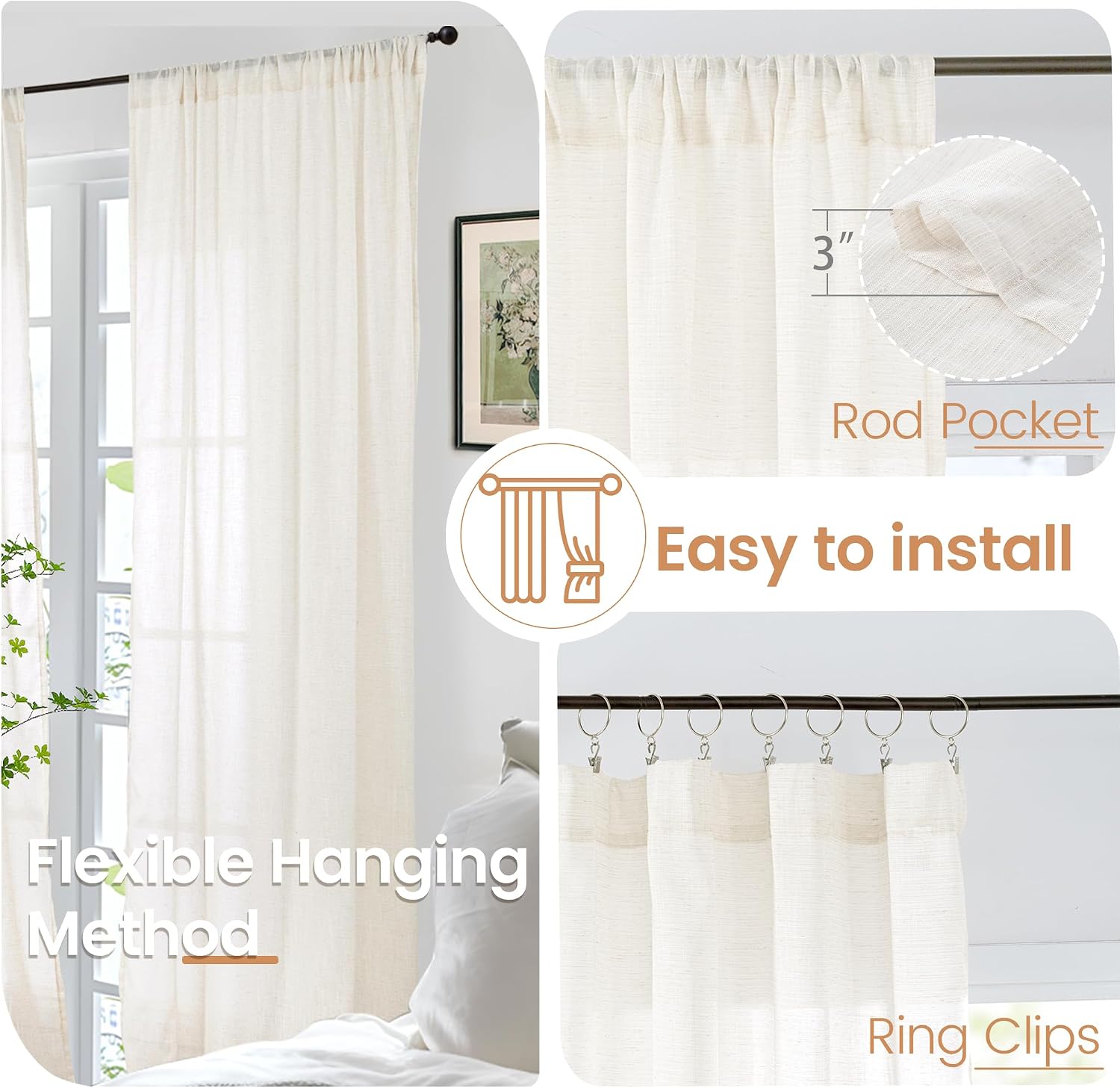 Detalle 2 de BGment ivory5284 Ivory Linen Curtains, 84-Inch Light-Filtering 2-Panel Set