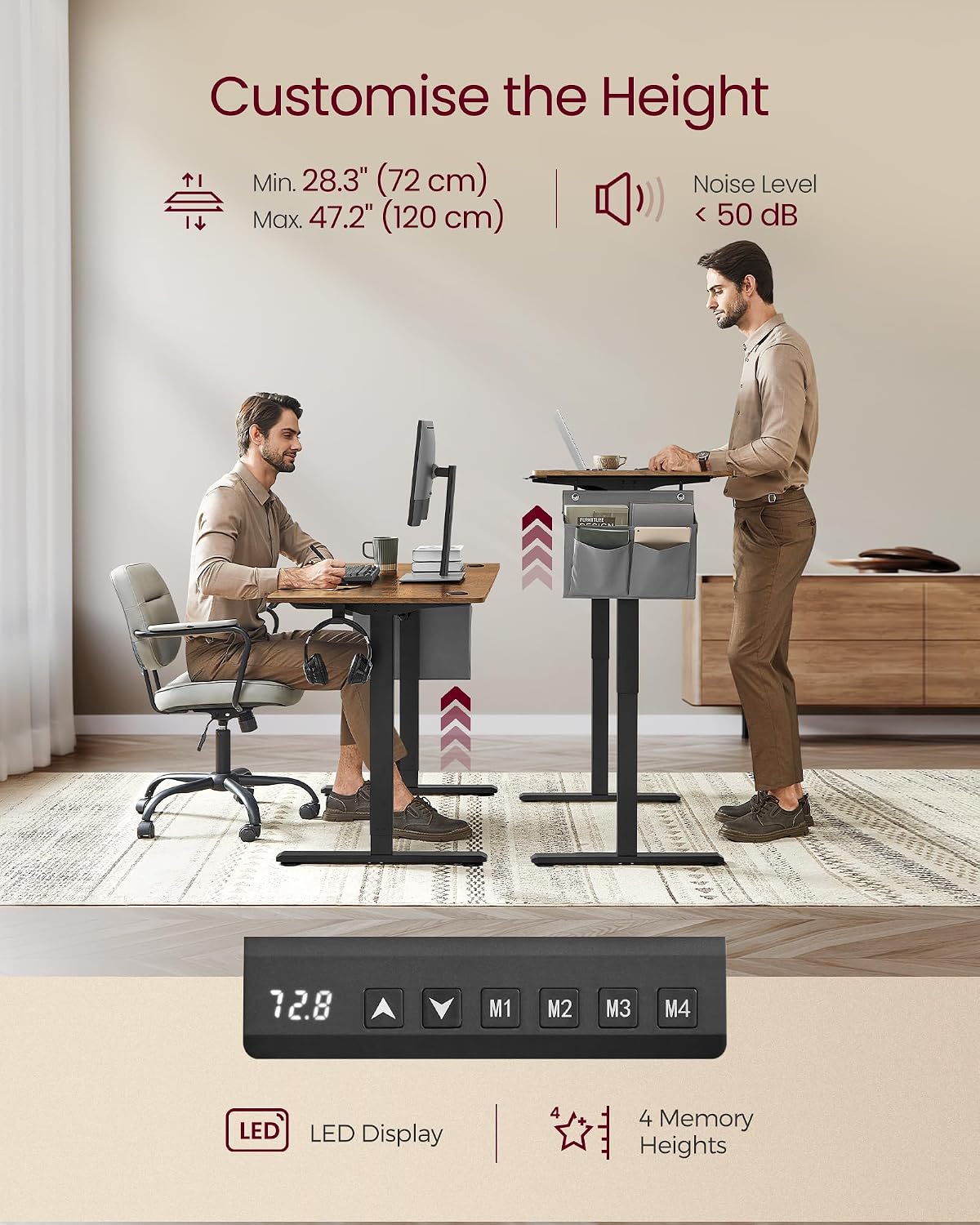 Detalle de VASAGLE Electric Standing Desk LSD134K02: 60 × 140 cm, 72–120 cm height, Rustic Brown & Ink Black