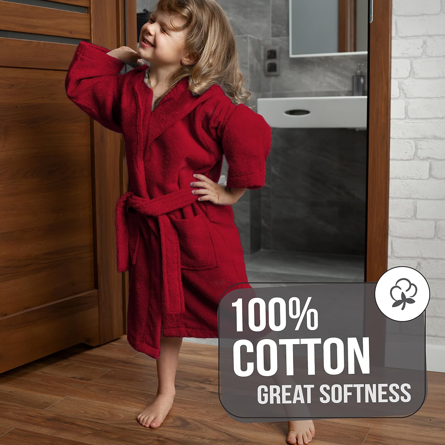Detalle de Twinzen Kinderbademantel aus 100% Baumwolle mit Kapuze und Ohren (OEKO‑TEX®) – für Mädchen oder Jungen