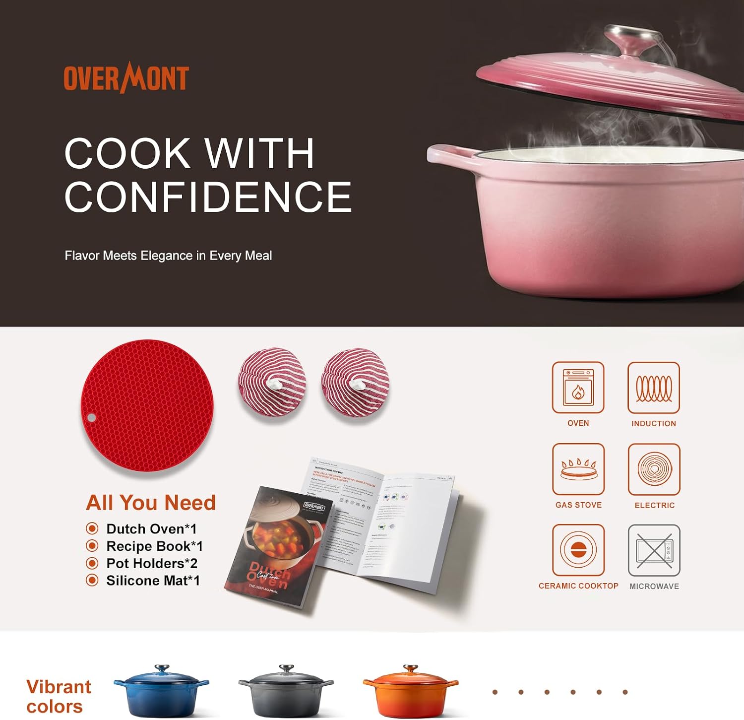 Thumbnail 5 de Overmont Enameled Cast Iron Dutch Oven 5.5QT with Wide Handles and Lid: Heavy-Duty, Pre-Seasoned, Oven Safe to 500°F