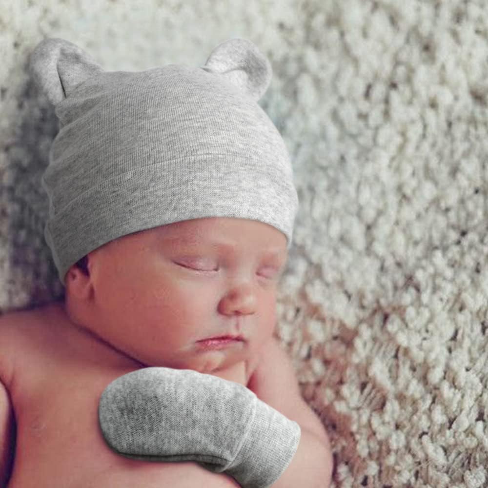 Detalle 2 de DRESHOW Newborn Beanie Hat and Gloves (96% cotton, 0–6 months) – 4 hats & 4 mittens