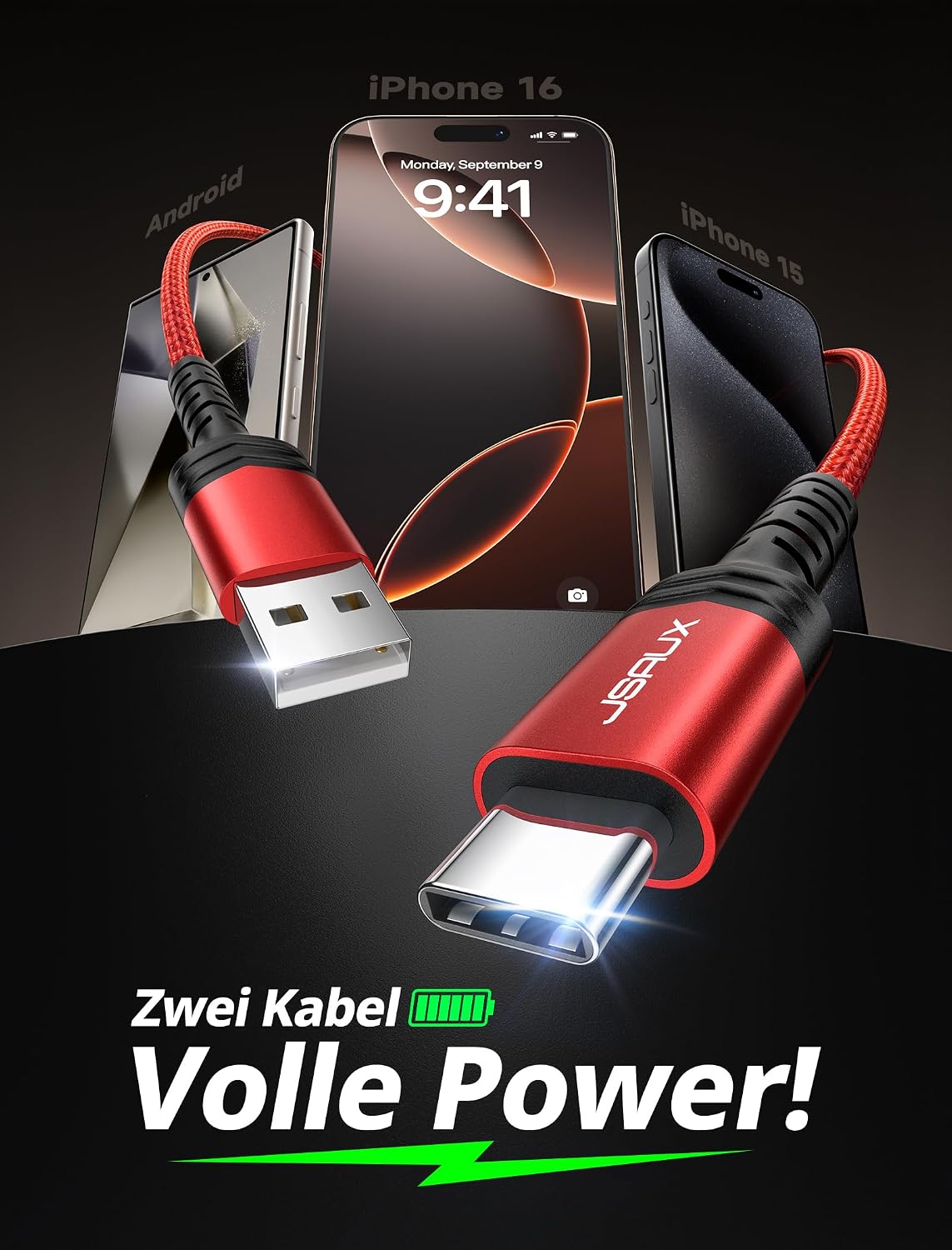 Detalle 2 de JSAUX USB C Kabel 3.1A 2×2 m Schnellladekabel